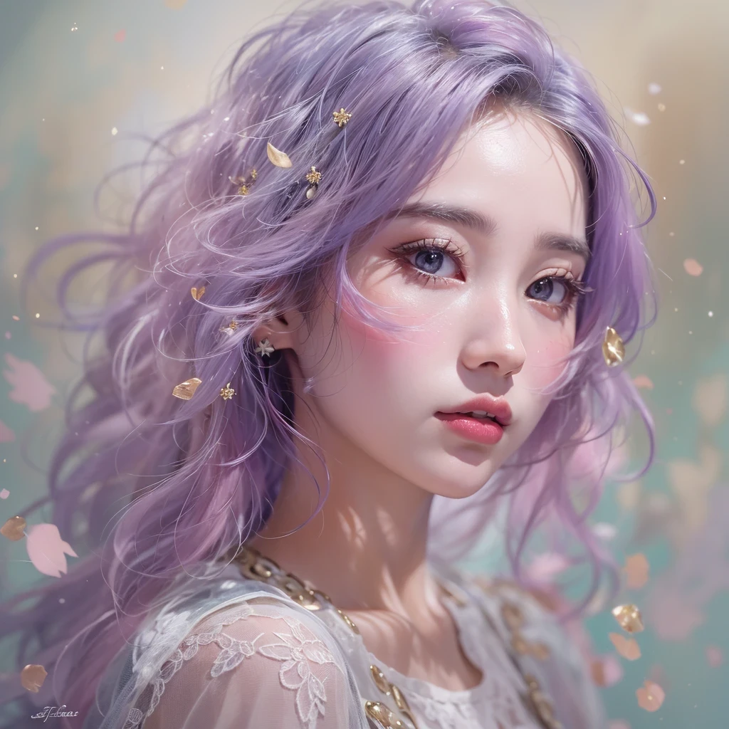 （（（Single eyelid）））Snow hoop exclusion area 32K（tmasterpiece，k hd，hyper HD，32K）Long flowing purple-pink hair，Autumn Pond，zydink， a color， Tongzhou people （Girl with glowing eyes）， （Thin silk scarf）， Side squat position， looking at the ground， long whitr hair， Floating hair， Python headdress， Chinese long-sleeved clothing， （abstract ink splash：1.2）， white backgrounid，Lotus protector（realisticlying：1.4），Purple-pink hair，Snowflakes fluttering，The background is pure， A high resolution， the detail， RAW photogr， Sharp Re， Nikon D850 Film Stock Photo by Jefferies Lee 4 Kodak Portra 400 Camera F1.6 shots, Rich colors, ultra-realistic vivid textures, Dramatic lighting, Unreal Engine Art Station Trend, cinestir 800，Long flowing purple-pink hair，((masterpiece)). This artwork is sweet, dreamy and ethereal, with soft pink watercolor hues and candy accents. Generate a delicate and demure fae exploring a (bubblegum world with a wide variety of pastel shades). Her sweet face is extremely detailed and realistic with elegant features and a fierce expression, and looks like ((((naomi scott)))). Include mature features and stunning, highly realistic eyes. Her eyes are important and should be realistic, highly detailed, and beautiful. In high definition and detail, include lots of details like stars, galaxies, colorful bubbles, colorful petals, and lots of energy and emotion! The stars and colorful bubblegum bubbles are important! Include fantasy details, enhanced details, iridescence, colorful glittering wind, and pollen. Pay special attention to her face and make sure it is beautifully and realistically detailed. The image should be dreamy and ethereal.8k, intricate, elegant, highly detailed, majestic, digital photography