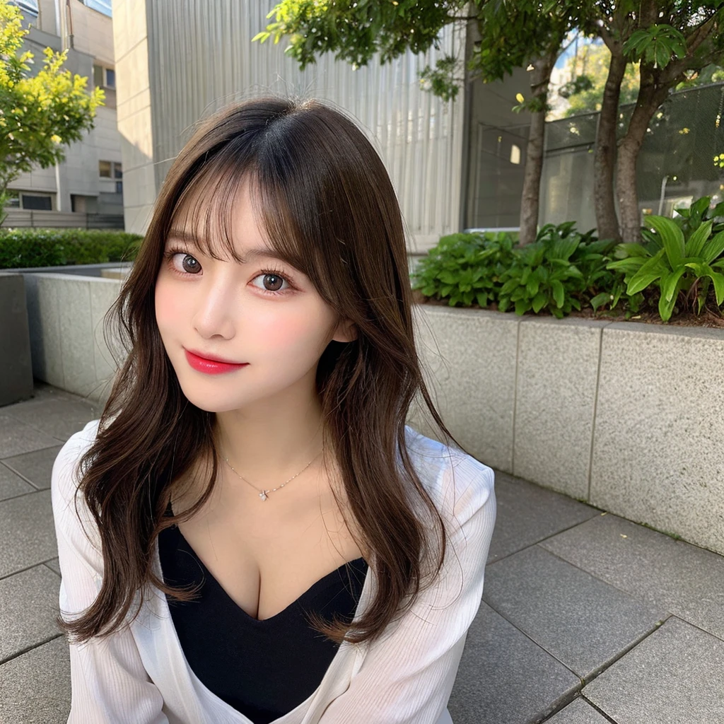 highest quality, shape, Very detailed, finely, High resolution, 8k wallpaper, 完璧なダイナミックな構shape, Beautiful and detailed, Spring Clothes,Medium Hair, Natural color lip,smile,20-year-old girl、Midnight、Beautiful and elaborate face、Perfect and beautiful face、Slim face and figure,spread your arms wide,Big eyes,Take a photo with your face raised from below your knees、Small face、Beautifully detailed face、Perfect and beautiful double eyelids、Big cleavage、Thin legs
