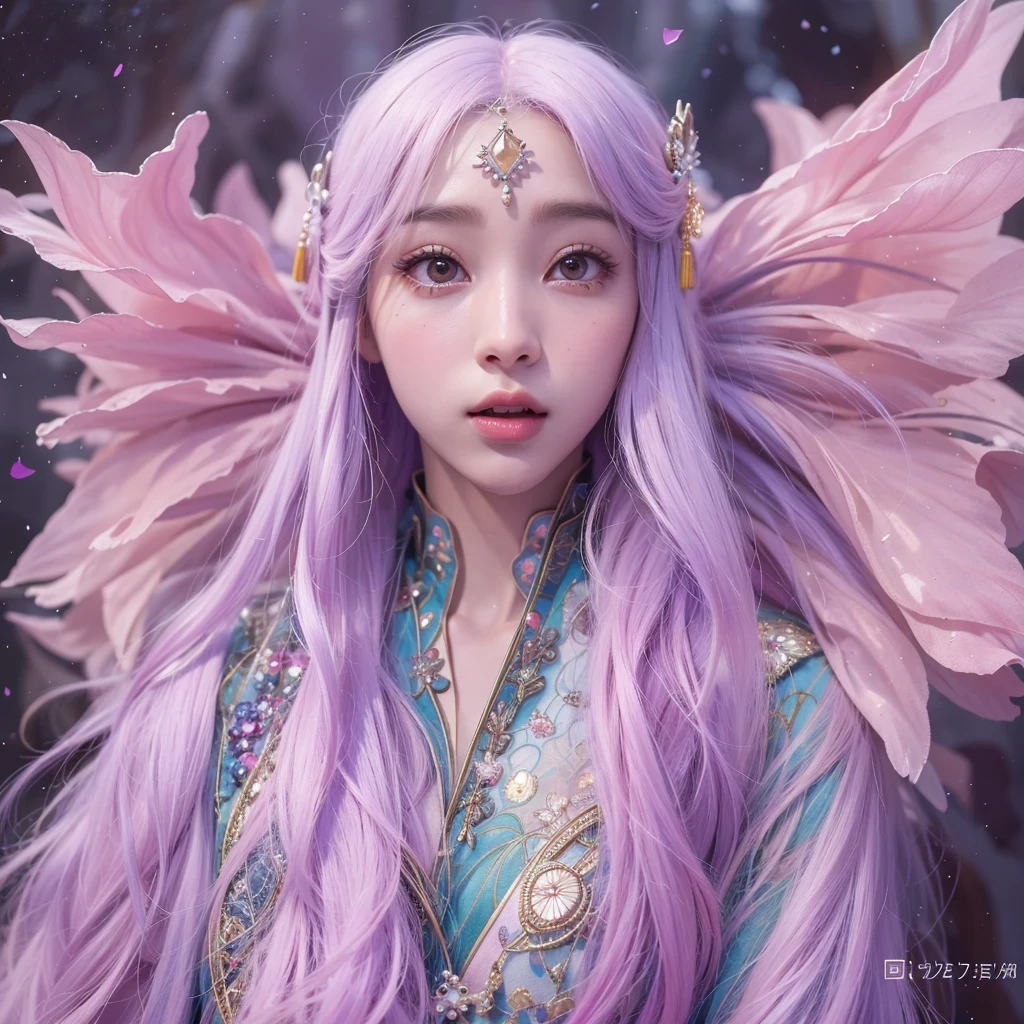 （（（Single eyelid）））Snow hoop exclusion area 32K（tmasterpiece，k hd，hyper HD，32K）Long flowing purple-pink hair，Autumn Pond，zydink， a color， Tongzhou people （Girl with glowing eyes）， （Thin silk scarf）， Side squat position， looking at the ground， long whitr hair， Floating hair， Python headdress， Chinese long-sleeved clothing， （abstract ink splash：1.2）， white backgrounid，Lotus protector（realisticlying：1.4），Purple-pink hair，Snowflakes fluttering，The background is pure， A high resolution， the detail， RAW photogr， Sharp Re， Nikon D850 Film Stock Photo by Jefferies Lee 4 Kodak Portra 400 Camera F1.6 shots, Rich colors, ultra-realistic vivid textures, Dramatic lighting, Unreal Engine Art Station Trend, cinestir 800，Long flowing purple-pink hair，((masterpiece)). This artwork is sweet, dreamy and ethereal, with soft pink watercolor hues and candy accents. Generate a delicate and demure fae exploring a (bubblegum world with a wide variety of pastel shades). Her sweet face is extremely detailed and realistic with elegant features and a fierce expression, and looks like ((((naomi scott)))). Include mature features and stunning, highly realistic eyes. Her eyes are important and should be realistic, highly detailed, and beautiful. In high definition and detail, include lots of details like stars, galaxies, colorful bubbles, colorful petals, and lots of energy and emotion! The stars and colorful bubblegum bubbles are important! Include fantasy details, enhanced details, iridescence, colorful glittering wind, and pollen. Pay special attention to her face and make sure it is beautifully and realistically detailed. The image should be dreamy and ethereal.8k, intricate, elegant, highly detailed, majestic, digital photography