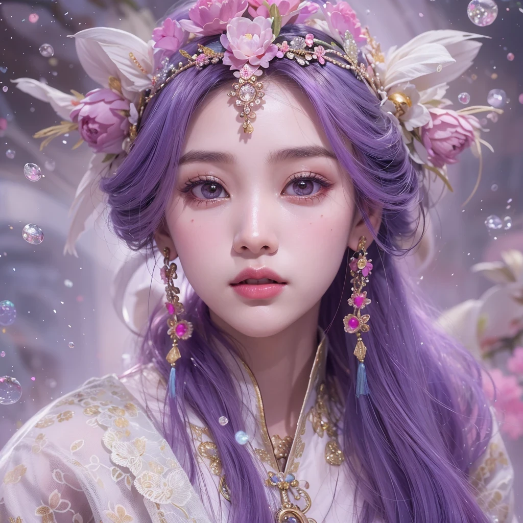 （（（Single eyelid）））Snow hoop exclusion area 32K（tmasterpiece，k hd，hyper HD，32K）Long flowing purple-pink hair，Autumn Pond，zydink， a color， Tongzhou people （Girl with glowing eyes）， （Thin silk scarf）， Side squat position， looking at the ground， long whitr hair， Floating hair， Python headdress， Chinese long-sleeved clothing， （abstract ink splash：1.2）， white backgrounid，Lotus protector（realisticlying：1.4），Purple-pink hair，Snowflakes fluttering，The background is pure， A high resolution， the detail， RAW photogr， Sharp Re， Nikon D850 Film Stock Photo by Jefferies Lee 4 Kodak Portra 400 Camera F1.6 shots, Rich colors, ultra-realistic vivid textures, Dramatic lighting, Unreal Engine Art Station Trend, cinestir 800，Long flowing purple-pink hair，((masterpiece)). This artwork is sweet, dreamy and ethereal, with soft pink watercolor hues and candy accents. Generate a delicate and demure fae exploring a (bubblegum world with a wide variety of pastel shades). Her sweet face is extremely detailed and realistic with elegant features and a fierce expression, and looks like ((((naomi scott)))). Include mature features and stunning, highly realistic eyes. Her eyes are important and should be realistic, highly detailed, and beautiful. In high definition and detail, include lots of details like stars, galaxies, colorful bubbles, colorful petals, and lots of energy and emotion! The stars and colorful bubblegum bubbles are important! Include fantasy details, enhanced details, iridescence, colorful glittering wind, and pollen. Pay special attention to her face and make sure it is beautifully and realistically detailed. The image should be dreamy and ethereal.8k, intricate, elegant, highly detailed, majestic, digital photography