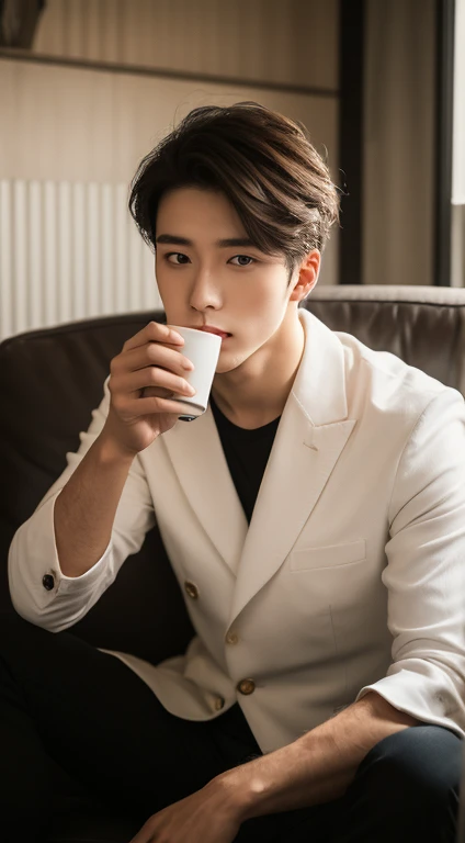 The man looked at the camera and sat on the sofa drinking tea. He was a white suit, a red shirt and a coffee shop background. He was 23 years old, with a full-face photo and a super handsome face. He was from China, 4K.