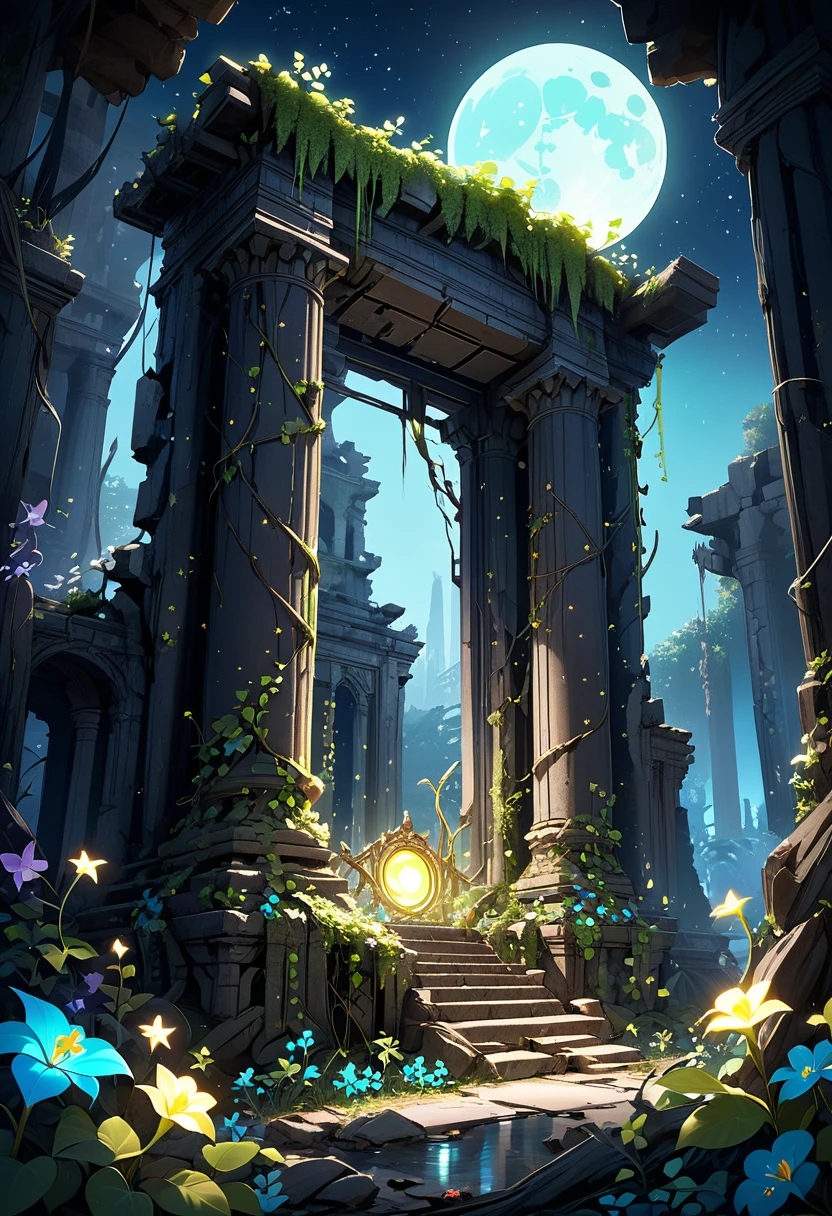 ((masterpiece)) picture of a forest scene night time sky full of stars and moon, under the moon there's a ancient ruined , ((detail forest)) ((small details)), (Bioluminescence) ivy plant surrounding the ruin, inspired by senior environment artist, ((ruin)), ((Bioluminescence flower)) , (intricate details), ((ultra-hd))unreal engine (fantasy art),(( unreal engine)) render concept art, ornate one ancient tample ruins, ((glowing symbol in ruin)), picture capture with each every (((small details))), ((highly detailed))