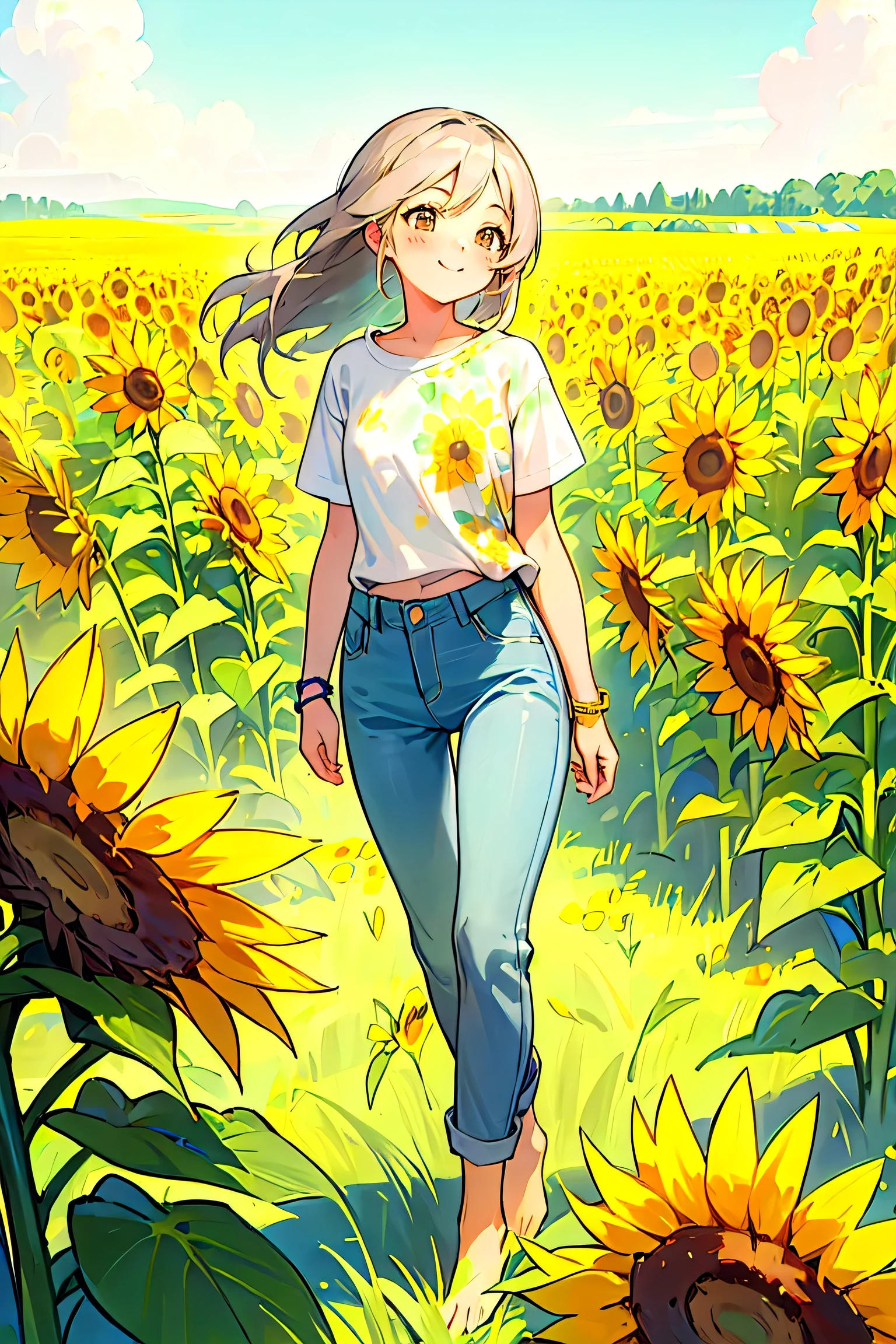 ((4k,masterpiece,best quality)), cheerful, casual outfit, happiness bracelet, 1girl, solo, long gray bronze hair, smile, standing, barefoot, happiness, flower field, clear sky, (pastel color), standing in the middle of sunflowers, wear jeans, ((anime girl))