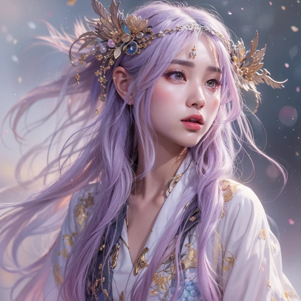 (((Single eyelid)))Snow hoop exclusion area 32K(tmasterpiece,k hd,hyper HD,32K)Long flowing purple-pink hair,Autumn Pond,zydink, a color, Tongzhou people (Girl with glowing eyes), (Thin silk scarf), Side squat position, looking at the ground, long whitr hair, Floating hair, Python headdress, Chinese long-sleeved clothing, (abstract ink splash:1.2), white backgrounid,Lotus protector(realisticlying:1.4),Purple-pink hair,Snowflakes fluttering,The background is pure, A high resolution, the detail, RAW photogr, Sharp Re, Nikon D850 Film Stock Photo by Jefferies Lee 4 Kodak Portra 400 Camera F1.6 shots, Rich colors, ultra-realistic vivid textures, Dramatic lighting, Unreal Engine Art Station Trend, cinestir 800,Long flowing purple-pink hair,((masterpiece)). This artwork is sweet, dreamy and ethereal, with soft pink watercolor hues and candy accents. Generate a delicate and demure fae exploring a (bubblegum world with a wide variety of pastel shades). Her sweet face is extremely detailed and realistic with elegant features and a fierce expression, and looks like ((((naomi scott)))). Include mature features and stunning, highly realistic eyes. Her eyes are important and should be realistic, highly detailed, and beautiful. In high definition and detail, include lots of details like stars, galaxies, colorful bubbles, colorful petals, and lots of energy and emotion! The stars and colorful bubblegum bubbles are important! Include fantasy details, enhanced details, iridescence, colorful glittering wind, and pollen. Pay special attention to her face and make sure it is beautifully and realistically detailed. The image should be dreamy and ethereal.8k, intricate, elegant, highly detailed, majestic, digital photography