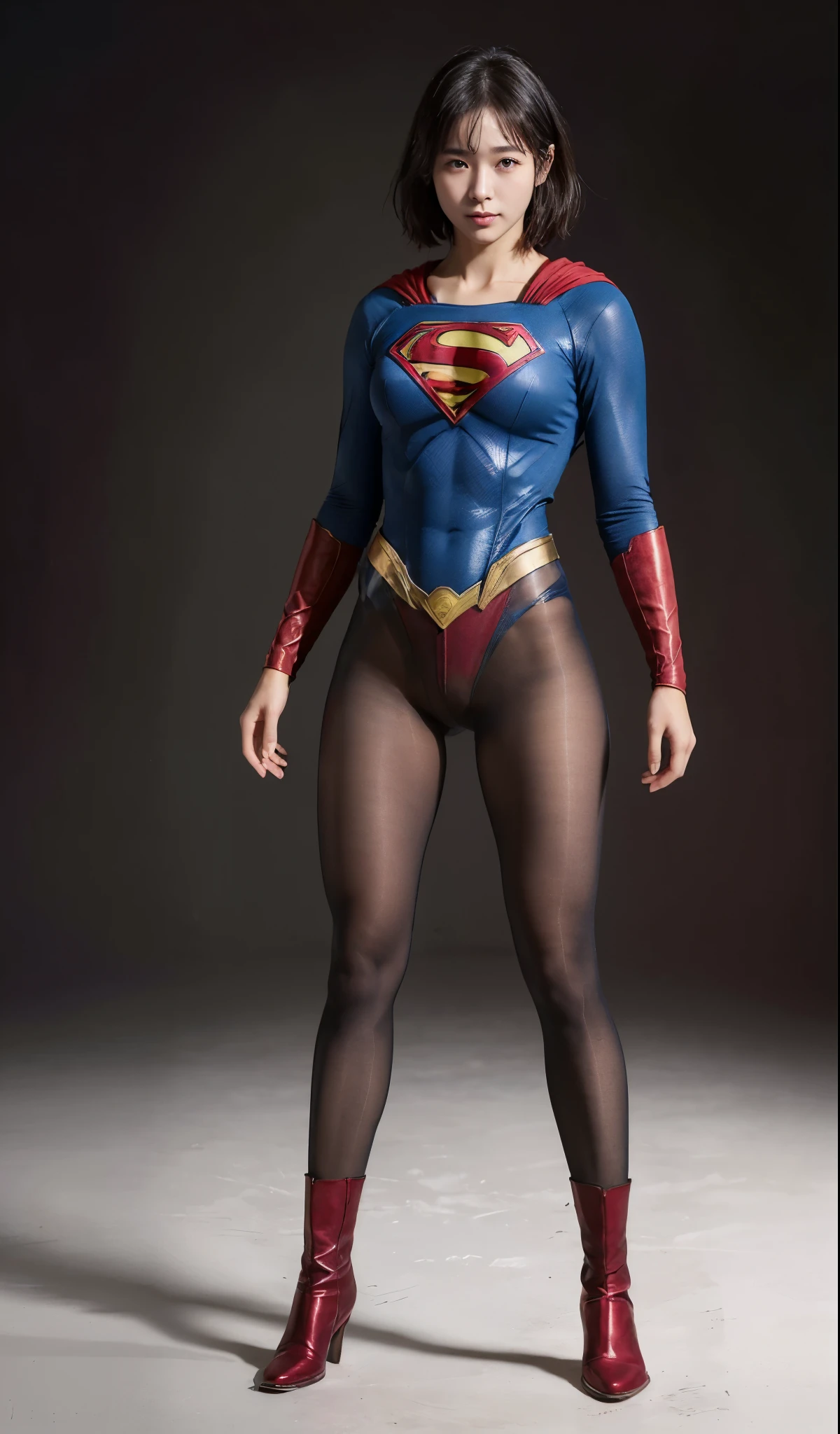 No background、(((Beautiful legs in black tights.)))、(((Legally express the beauty of your smile)))、((((Make the most of your original images)))、(((Supergirl Costume)))、(((beautiful short bob hair)))、(((suffering)))、(((Please wear black tights....、Wear red boots)))、((Best image quality、8K))、((highest quality、8K、masterpiece:1.3))、(((Preserve background )))、Sharp focus:1.2、Beautiful woman with perfect figure:1.4、Thin abdominal muscles:1.2、Wet body:1.5、Highly detailed face and skin texture、8K