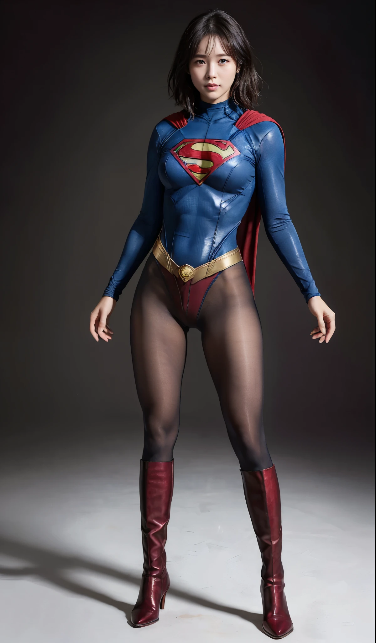 No background、(((Beautiful legs in black tights.)))、(((Legally express the beauty of your smile)))、((((Make the most of your original images)))、(((Supergirl Costume)))、(((beautiful short bob hair)))、(((suffering)))、(((Please wear black tights....、Wear red boots)))、((Best image quality、8K))、((highest quality、8K、masterpiece:1.3))、(((Preserve background )))、Sharp focus:1.2、Beautiful woman with perfect figure:1.4、Thin abdominal muscles:1.2、Wet body:1.5、Highly detailed face and skin texture、8K