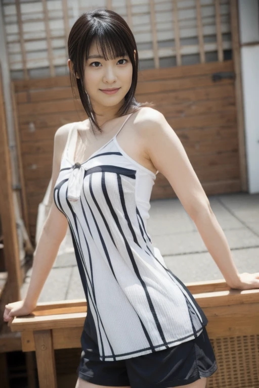 An Asian woman in her fifties wearing a black and white striped top and shorts, Young and cute gravure idol, Japanese Model, Young Sensual Gravure Idol, A sophisticated gravure idol, Young and skinny gravure idol, sakimichan hdri, takada akemi, realistic Young Gravure Idol, Ayami, Young Gravure Idol