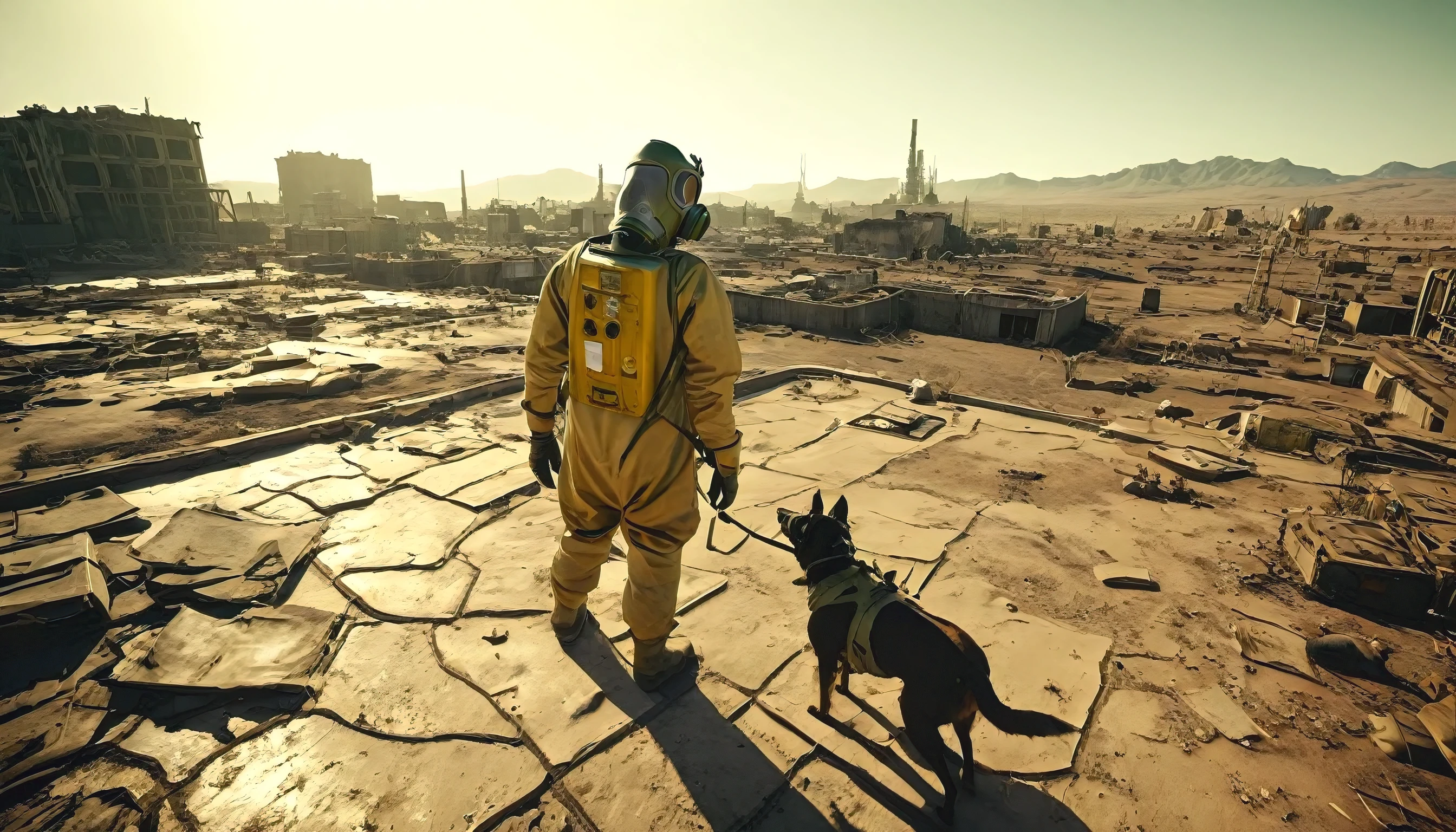 homem e cachorro andando juntos, bomba nuclear explodindo ao fundo, cidade deserta