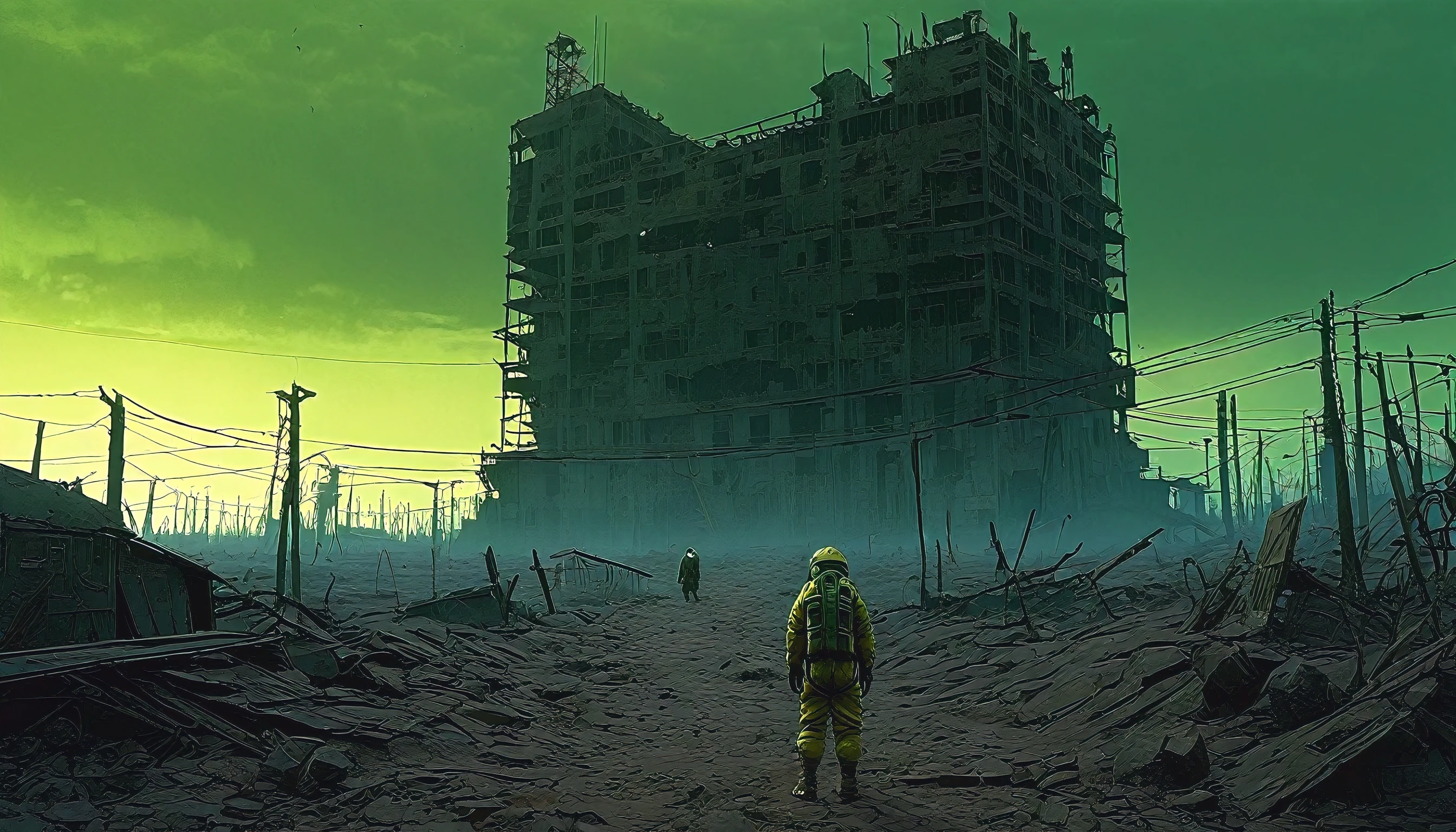 best quality, A post-apocalyptic world where all buildings are destroyed and chaos reigns due to radiation. a barren wasteland, A stalker in a time-worn radiation suit stands in the foreground, anime illustration by Beksiński and gerald brom, elaborate details