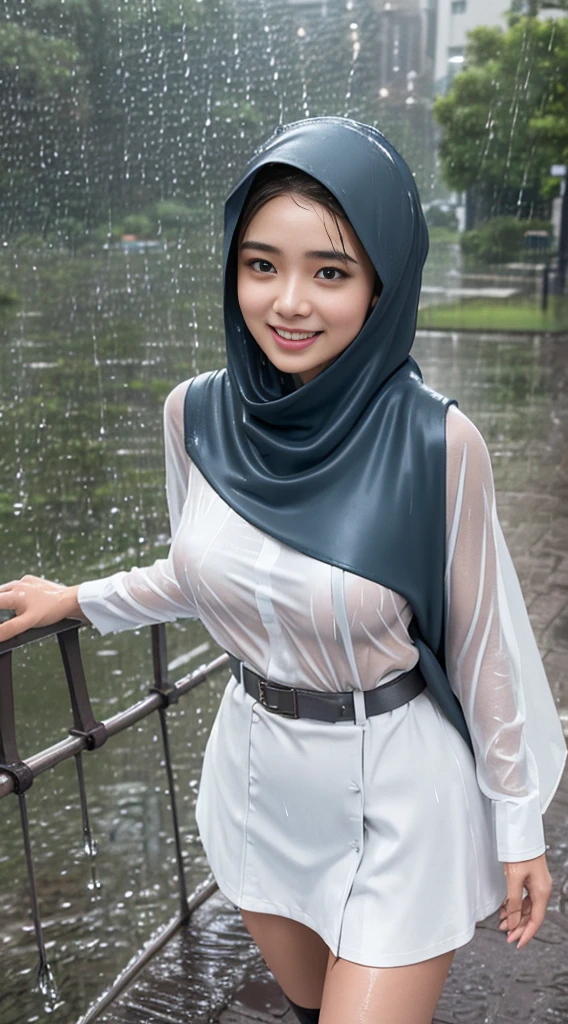 (Best quality, 4k, Masterpiece :1.3), pretty woman, two natural 18 year old woman from Indonesia, wearing long pashmina hijab in her head, white short sleevelees , unbuttoned uniform loose open, no bra, showing the nipples, big chest, uniform blowing in the wind upwards (rainy wet, wet from rain, wet body :1.6), chuuby, oval face and pretty form women,, and grey short skirt walking up the stairs, carrying a bagschool. leaning against the iron railing at the top of the hill, behind her is school. she's , naughty and pretty smile, depth of field, cinematic, very detail, ultra HD, sharp focus, realistic photography, The picture was taken in its entirety.