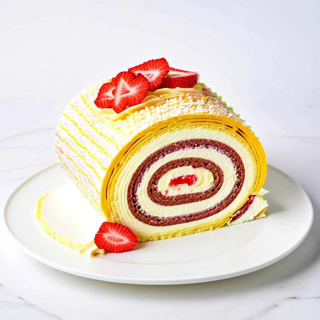 A vector illustration of a beautifully colorful slice of Swiss roll cake, depicted in a delicious and delicate style, viewed from the front. The cake slice is designed to highlight its vibrant colors and appealing texture, emphasizing its mouth-watering appearance. This clean and simple representation focuses on the intricate layers and creamy filling of the Swiss roll, showcasing its aesthetic appeal and taste.