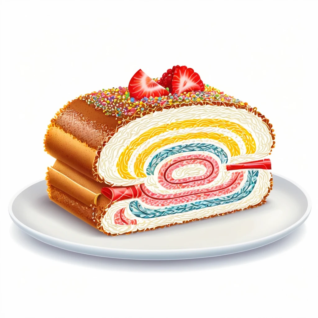 A vector illustration of a beautifully colorful slice of Swiss roll cake, depicted in a delicious and delicate style, viewed from the front. The cake slice is designed to highlight its vibrant colors and appealing texture, emphasizing its mouth-watering appearance. This clean and simple representation focuses on the intricate layers and creamy filling of the Swiss roll, showcasing its aesthetic appeal and taste.