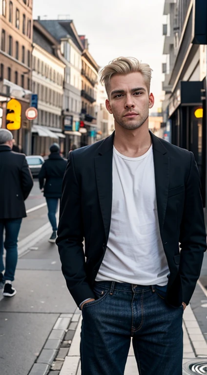adult_man, blonde_hair, brown_eyes, black_jacket, jeans, sneakers, urban_setting, streetlights, evening_light, city_background, realistic_style, portrait_shot, overcast_sky, (masterpiece, high quality, best quality:1.3), extremely detailed, extremely intricate, realistic, hyperrealistic, fine texture, Extremely high-resolution details, natural lighting,