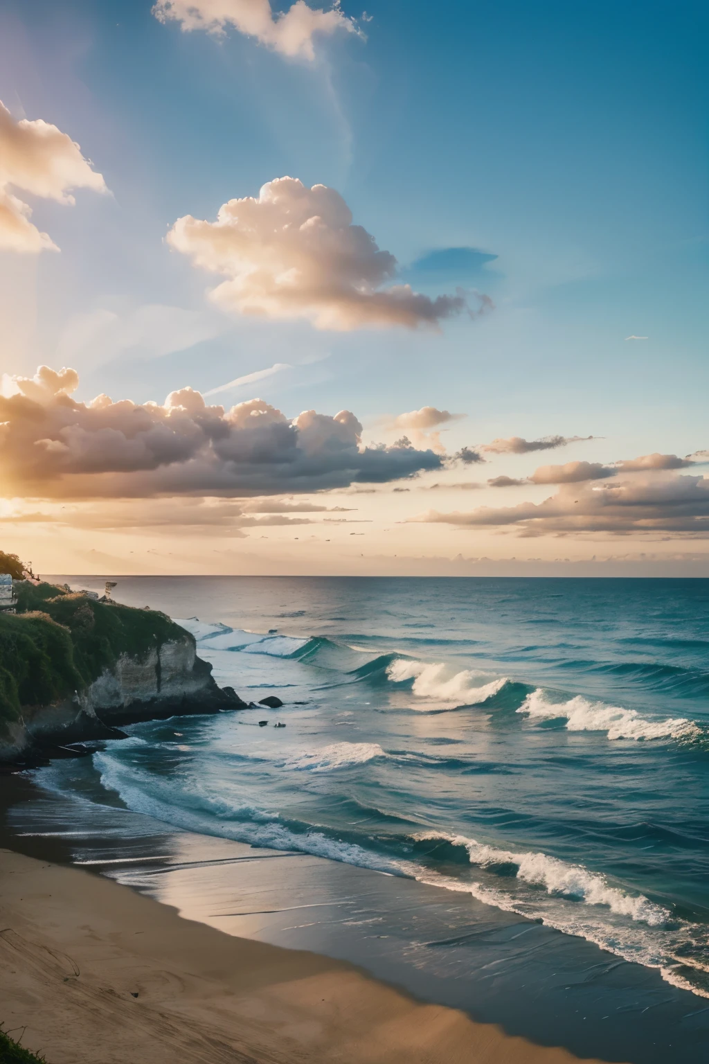 create a landscape image of a beautiful view of the sea or beach with beautiful sky gradations and full of pleasant summer atmosphere, with a realistic drawing style