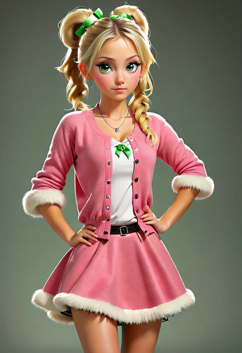 ((wearing  Red cardigan and Standing with her hands behind her back)) is a a girl. ((cute)). ((one one of her eyes is green the other  eye pink.)) ((wearing brown sheepskin minidress))
long blonde ponytail tied back with a white ribbon. black heels. around her ankle is black ankle bands. Attaches to the ankle bands is  small silver-wheel spikes