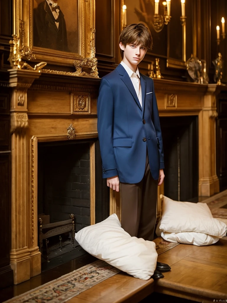 A -yeld bon a thong next to a large fireplace, elegant and old, white skin, light brown hair, blue eyes, fine features, handsome boy, shy look, a little sad and serious, fine elegant clothes, London