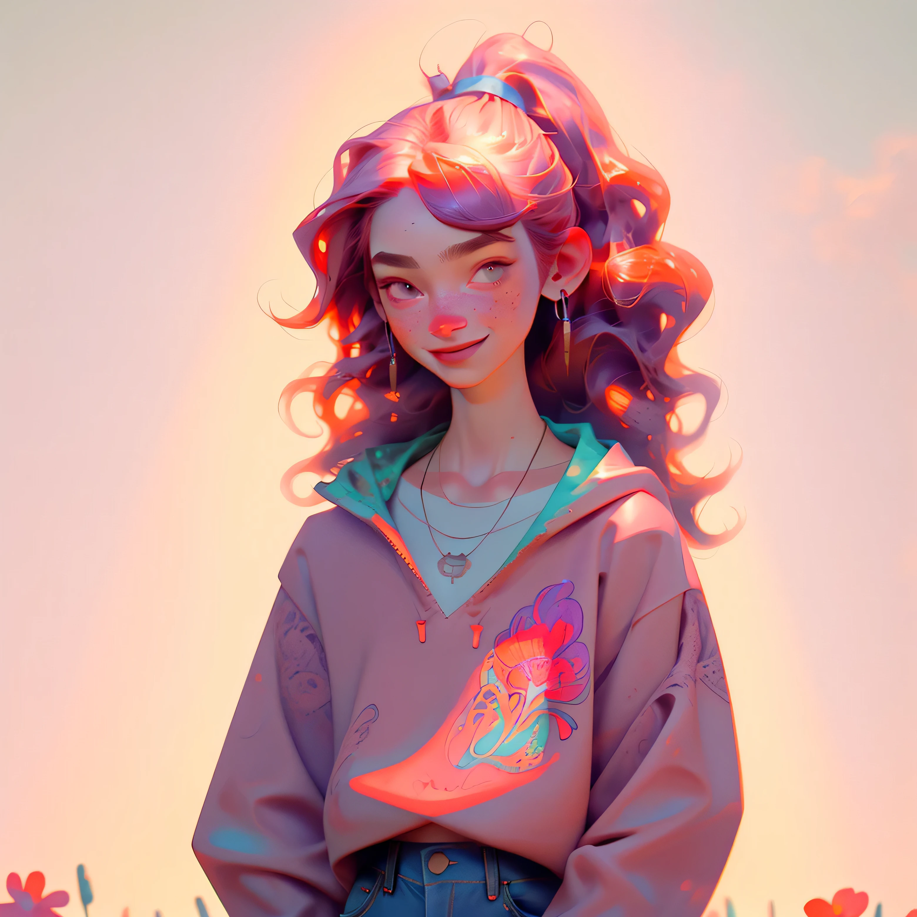 (masterpiece, best quality), 1girl, collarbone, wavy hair, looking at viewer, upper body, necklace, contemporary, purple purple, jeans, oversized purple hoodie, sweatshirt, ((intricate, print)), ponytail, freckles, red hair, dappled sunlight, smile, happy, flower field, outdoors