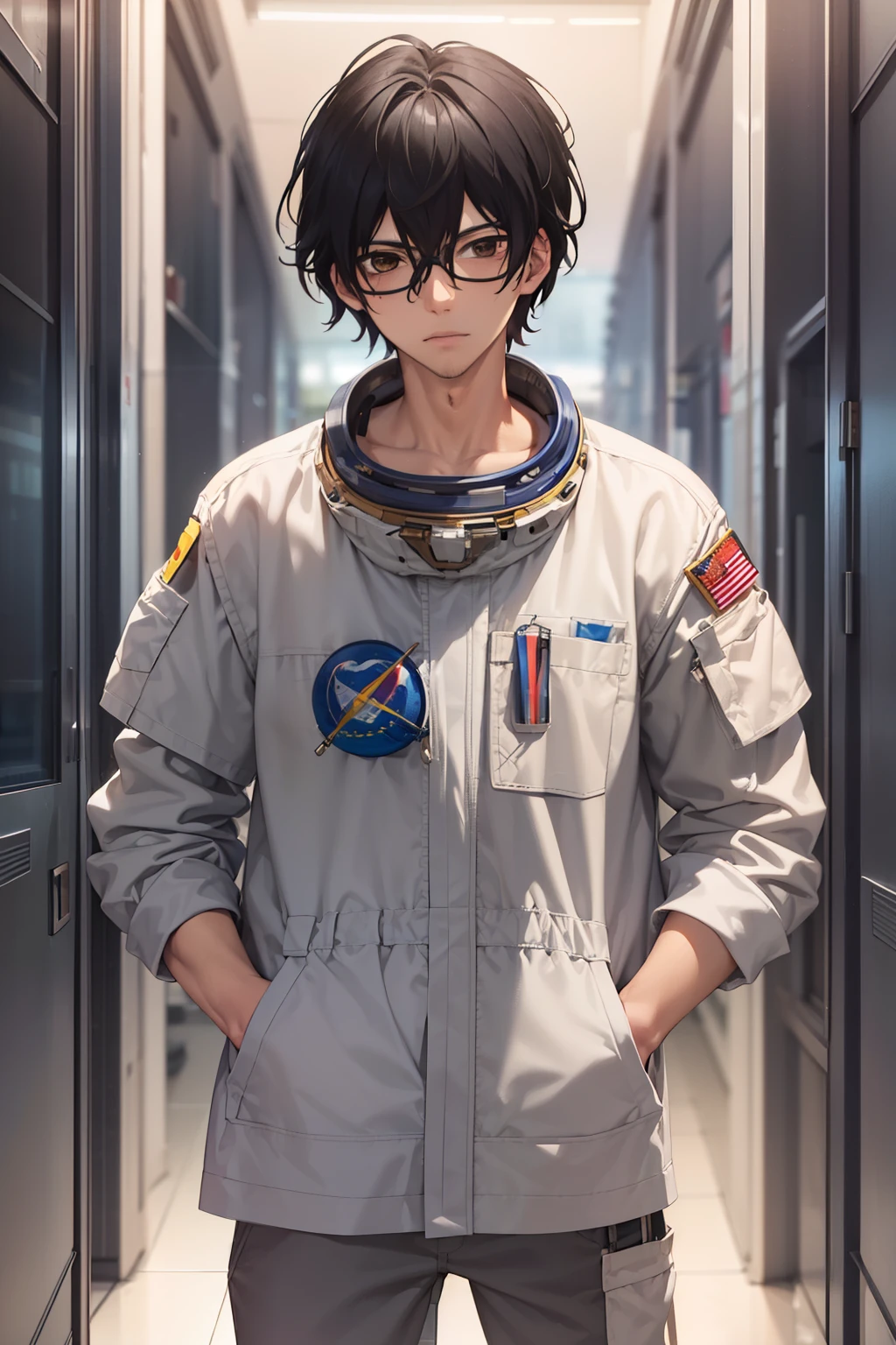 masterpiece, best quality, wallpaper, 1adult man,29 years old, solo, male focus, looking at viewer,standing,depth of field, momo_sakaki, black hair, brown eyes,astronaut uniform,16k resolution