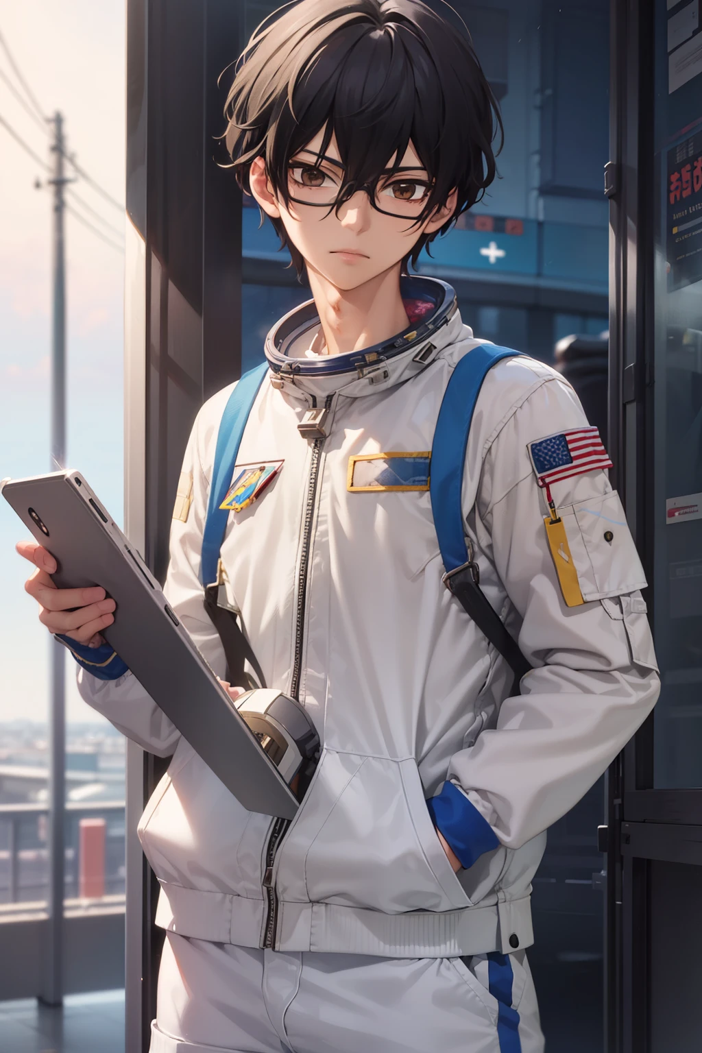 masterpiece, best quality, wallpaper, 1boy, solo, male focus, looking at viewer,standing,depth of field, momo_sakaki, black hair, brown eyes,astronaut uniform,16k resolution