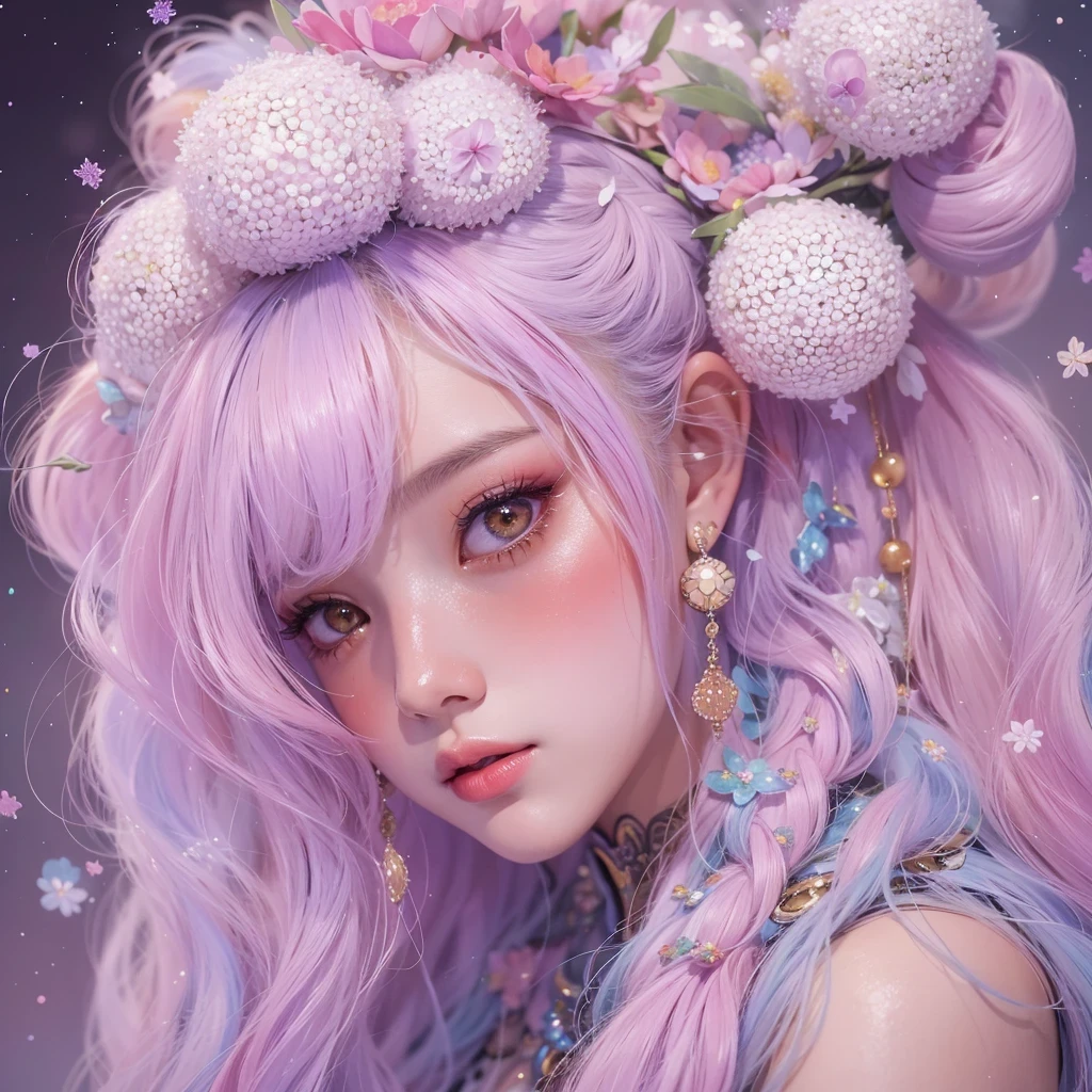 (((Single eyelid)))Snow hoop exclusion area 32K(tmasterpiece,k hd,hyper HD,32K)Long flowing purple-pink hair,Autumn Pond,zydink, a color, Tongzhou people (Girl with glowing eyes), (Thin silk scarf), Side squat position, looking at the ground, long whitr hair, Floating hair, Python headdress, Chinese long-sleeved clothing, (abstract ink splash:1.2), white backgrounid,Lotus protector(realisticlying:1.4),Purple-pink hair,Snowflakes fluttering,The background is pure, A high resolution, the detail, RAW photogr, Sharp Re, Nikon D850 Film Stock Photo by Jefferies Lee 4 Kodak Portra 400 Camera F1.6 shots, Rich colors, ultra-realistic vivid textures, Dramatic lighting, Unreal Engine Art Station Trend, cinestir 800,Long flowing purple-pink hair,((masterpiece)). This artwork is sweet, dreamy and ethereal, with soft pink watercolor hues and candy accents. Generate a delicate and demure fae exploring a (bubblegum world with a wide variety of pastel shades). Her sweet face is extremely detailed and realistic with elegant features and a fierce expression, and looks like ((((naomi scott)))). Include mature features and stunning, highly realistic eyes. Her eyes are important and should be realistic, highly detailed, and beautiful. In high definition and detail, include lots of details like stars, galaxies, colorful bubbles, colorful petals, and lots of energy and emotion! The stars and colorful bubblegum bubbles are important! Include fantasy details, enhanced details, iridescence, colorful glittering wind, and pollen. Pay special attention to her face and make sure it is beautifully and realistically detailed. The image should be dreamy and ethereal.8k, intricate, elegant, highly detailed, majestic, digital photography