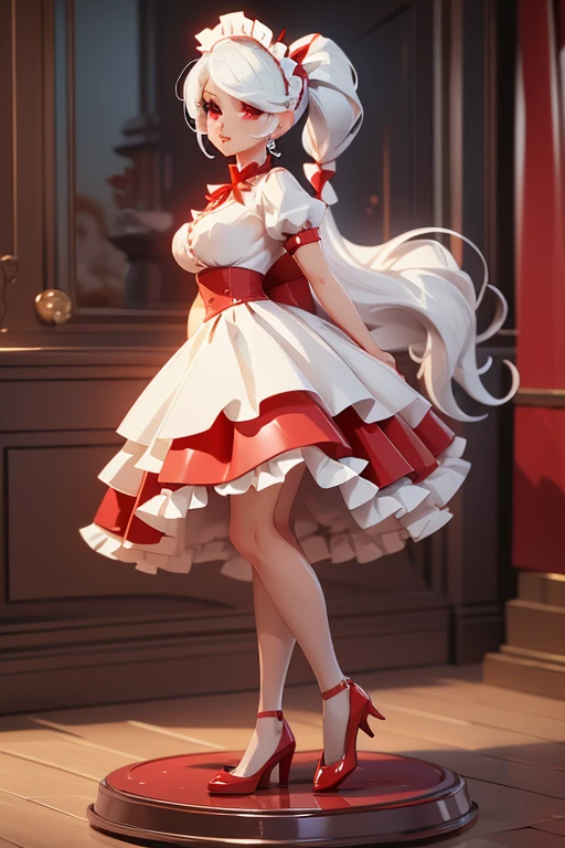 Woman, gorgeous, sexy, white hair, red eyes, two ponytails, red maid-like dress, black and white little details, ruffled skirt, seductive look, seductive pose, white stockings up to the middle of the thighs, red shoes