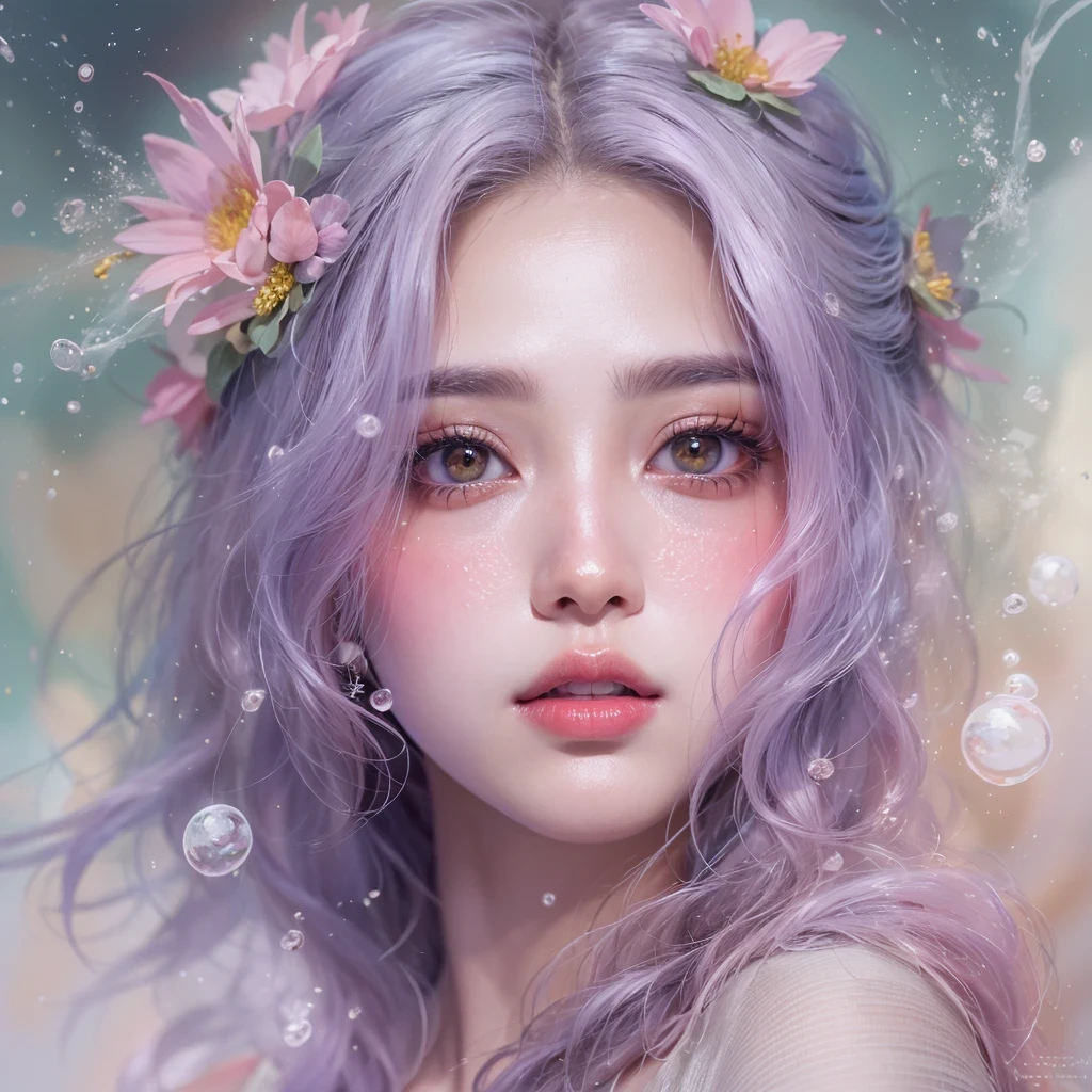 (((Single eyelid)))Snow hoop exclusion area 32K(tmasterpiece,k hd,hyper HD,32K)Long flowing purple-pink hair,Autumn Pond,zydink, a color, Tongzhou people (Girl with glowing eyes), (Thin silk scarf), Side squat position, looking at the ground, long whitr hair, Floating hair, Python headdress, Chinese long-sleeved clothing, (abstract ink splash:1.2), white backgrounid,Lotus protector(realisticlying:1.4),Purple-pink hair,Snowflakes fluttering,The background is pure, A high resolution, the detail, RAW photogr, Sharp Re, Nikon D850 Film Stock Photo by Jefferies Lee 4 Kodak Portra 400 Camera F1.6 shots, Rich colors, ultra-realistic vivid textures, Dramatic lighting, Unreal Engine Art Station Trend, cinestir 800,Long flowing purple-pink hair,((masterpiece)). This artwork is sweet, dreamy and ethereal, with soft pink watercolor hues and candy accents. Generate a delicate and demure fae exploring a (bubblegum world with a wide variety of pastel shades). Her sweet face is extremely detailed and realistic with elegant features and a fierce expression, and looks like ((((naomi scott)))). Include mature features and stunning, highly realistic eyes. Her eyes are important and should be realistic, highly detailed, and beautiful. In high definition and detail, include lots of details like stars, galaxies, colorful bubbles, colorful petals, and lots of energy and emotion! The stars and colorful bubblegum bubbles are important! Include fantasy details, enhanced details, iridescence, colorful glittering wind, and pollen. Pay special attention to her face and make sure it is beautifully and realistically detailed. The image should be dreamy and ethereal.8k, intricate, elegant, highly detailed, majestic, digital photography