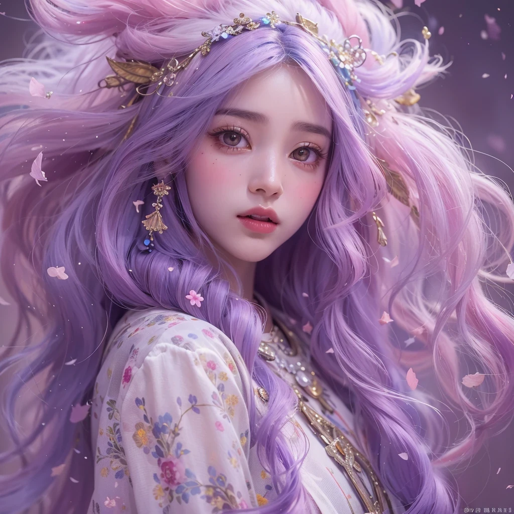 (((Single eyelid)))Snow hoop exclusion area 32K(tmasterpiece,k hd,hyper HD,32K)Long flowing purple-pink hair,Autumn Pond,zydink, a color, Tongzhou people (Girl with glowing eyes), (Thin silk scarf), Side squat position, looking at the ground, long whitr hair, Floating hair, Python headdress, Chinese long-sleeved clothing, (abstract ink splash:1.2), white backgrounid,Lotus protector(realisticlying:1.4),Purple-pink hair,Snowflakes fluttering,The background is pure, A high resolution, the detail, RAW photogr, Sharp Re, Nikon D850 Film Stock Photo by Jefferies Lee 4 Kodak Portra 400 Camera F1.6 shots, Rich colors, ultra-realistic vivid textures, Dramatic lighting, Unreal Engine Art Station Trend, cinestir 800,Long flowing purple-pink hair,((masterpiece)). This artwork is sweet, dreamy and ethereal, with soft pink watercolor hues and candy accents. Generate a delicate and demure fae exploring a (bubblegum world with a wide variety of pastel shades). Her sweet face is extremely detailed and realistic with elegant features and a fierce expression, and looks like ((((naomi scott)))). Include mature features and stunning, highly realistic eyes. Her eyes are important and should be realistic, highly detailed, and beautiful. In high definition and detail, include lots of details like stars, galaxies, colorful bubbles, colorful petals, and lots of energy and emotion! The stars and colorful bubblegum bubbles are important! Include fantasy details, enhanced details, iridescence, colorful glittering wind, and pollen. Pay special attention to her face and make sure it is beautifully and realistically detailed. The image should be dreamy and ethereal.8k, intricate, elegant, highly detailed, majestic, digital photography