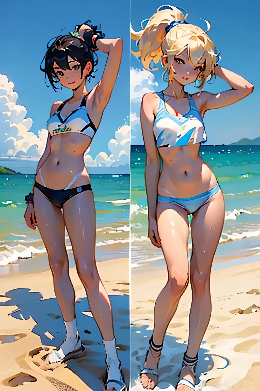 (High definition CGUnity 8k wallpaper), Marco、masutepiece, High resolution, Full body, 、girl with２a person、 Faraway view、tanned beautiful girl, Crotch open pose、beautiful beach volleyball player, Short black hair, Blonde ponytail、misaligned micro bikini, finely drawn pretty face, Shiny skin, Small breasts, free pose, with erect crotch, huge erect, holding with hand, in front of everyone, abdomen wet with, shame, Futanari, androgyny, pain, A smile、Look at viewers, seaside, Resort, white clouds, Blue sky