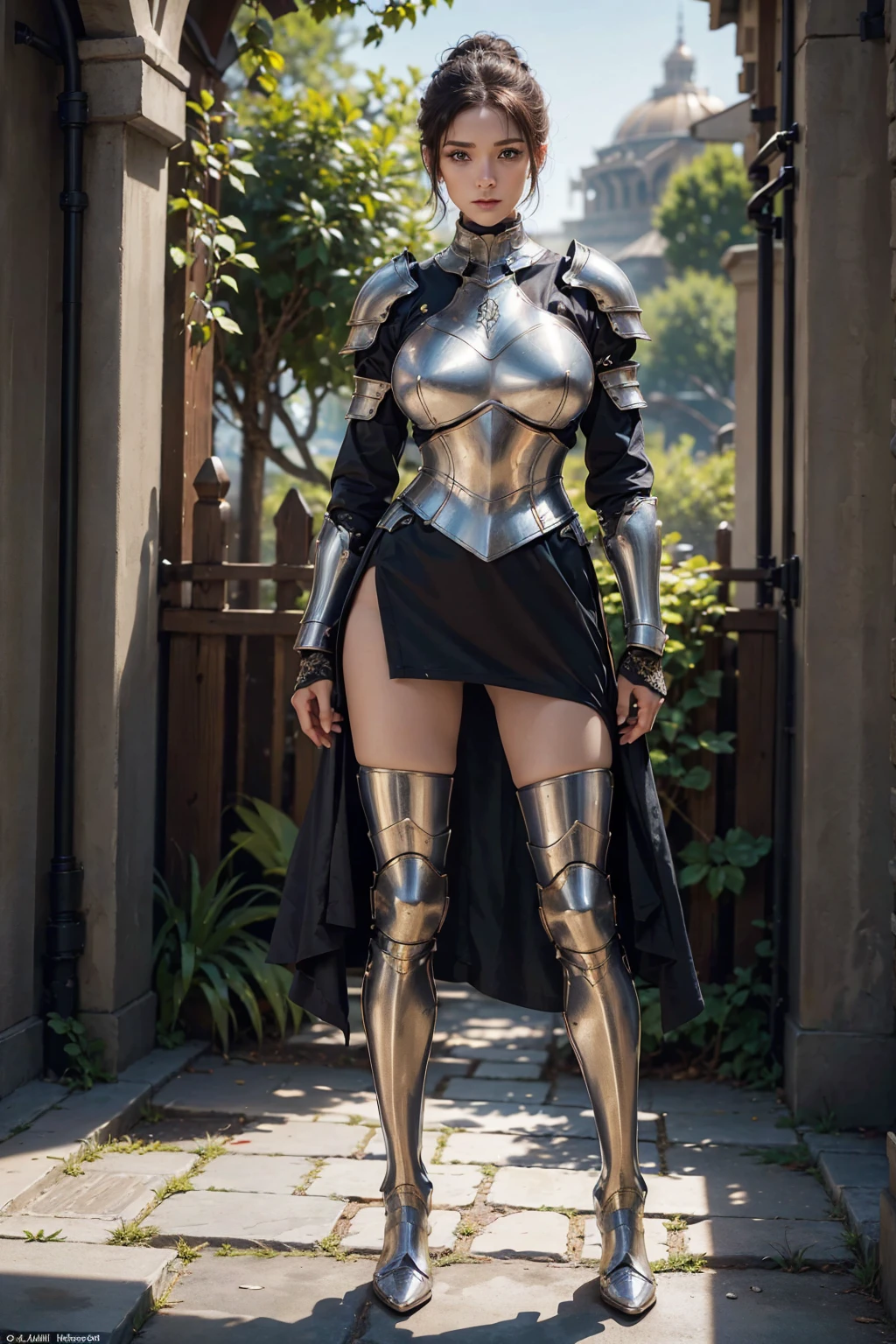 (Shooting from front), (standing), (show front body), (show full body from head to toe), (full body), (tall girl), 1 girl, 8k, best quality, highres, realistic, real person, ultimate-realistic, ultimate-realistic details, ultimate-realistic texture, realistic light source (full big breasts), (big round breasts), (tall body), A fierce and beautiful female knight with short hair facing to the viewer, wearing shining, form-fitting armor, wearing pants. show steel boots. (updo:1.2), (steel armor:1.1), little pattern armor, skinny (Gorget Plackart pauldron :1.3), (gloves). The background shows grassland and bright sky.