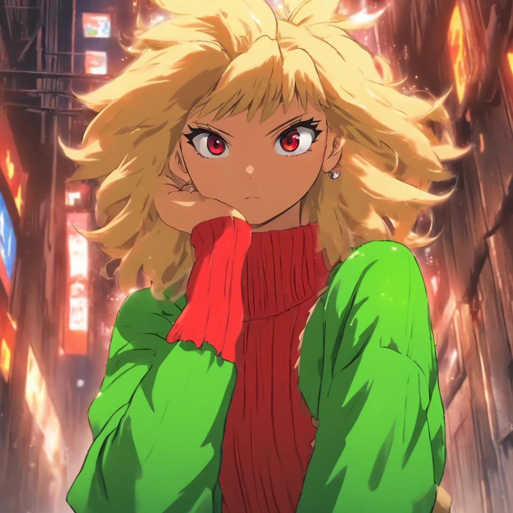 ((wearing  Red cardigan and Standing with her hands behind her back)) is a a girl. ((cute)). ((one one of her eyes is green the other  eye pink.)) ((wearing brown sheepskin minidress))
long blonde ponytail tied back with a white ribbon. black heels. around her ankle is black ankle bands. Attaches to the ankle bands is  small silver-wheel spikes