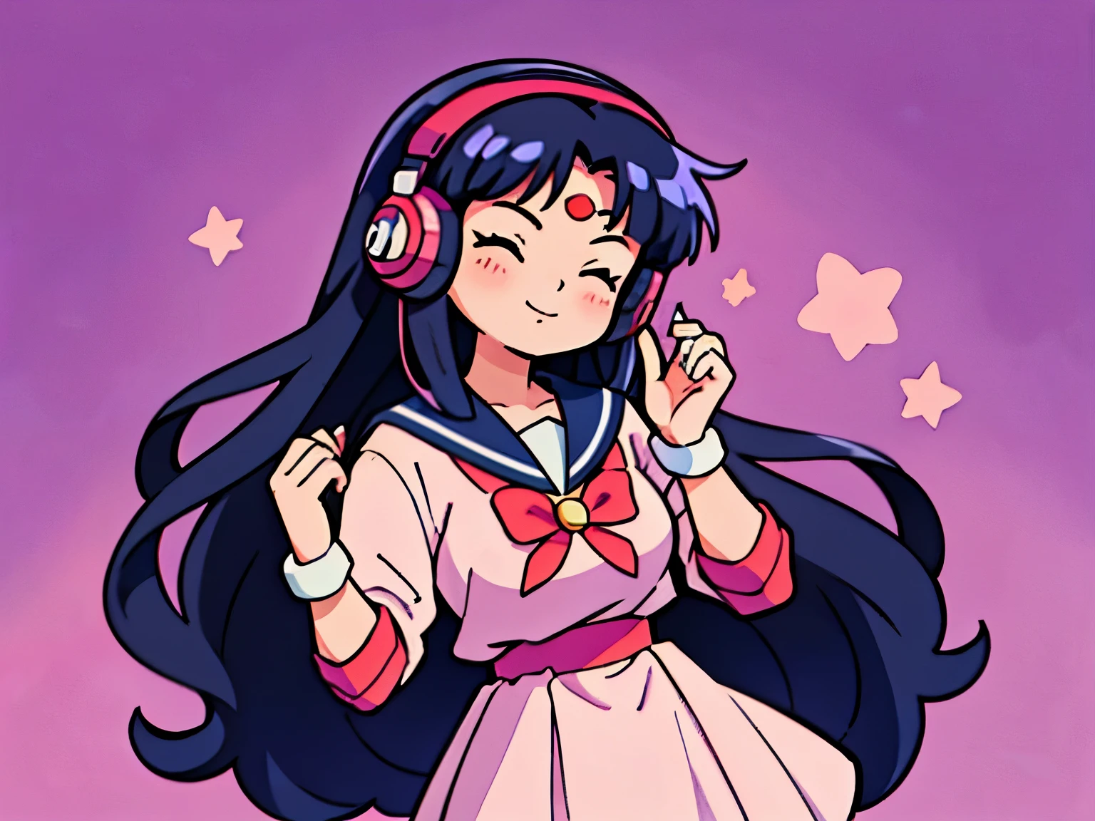 perfect face, perfect eyes, goth girl, sailor mars hair, dominatrix, long hair, hair down, hair parted in middle, curtain bangs, black hair, blue eyes, 80s anime ova style, 1980's anime style, 8 0 s anime vibe, by Rumiko Takahashi, 90s anime style, 9 0 s anime style, 8 0 s anime style, rumiko, anime girl, wearing a cozy sweater dress, happy expression, eyes closed, coffee in hand, smiling, listening to music, headphones on, dancing, coffee house music, plain background