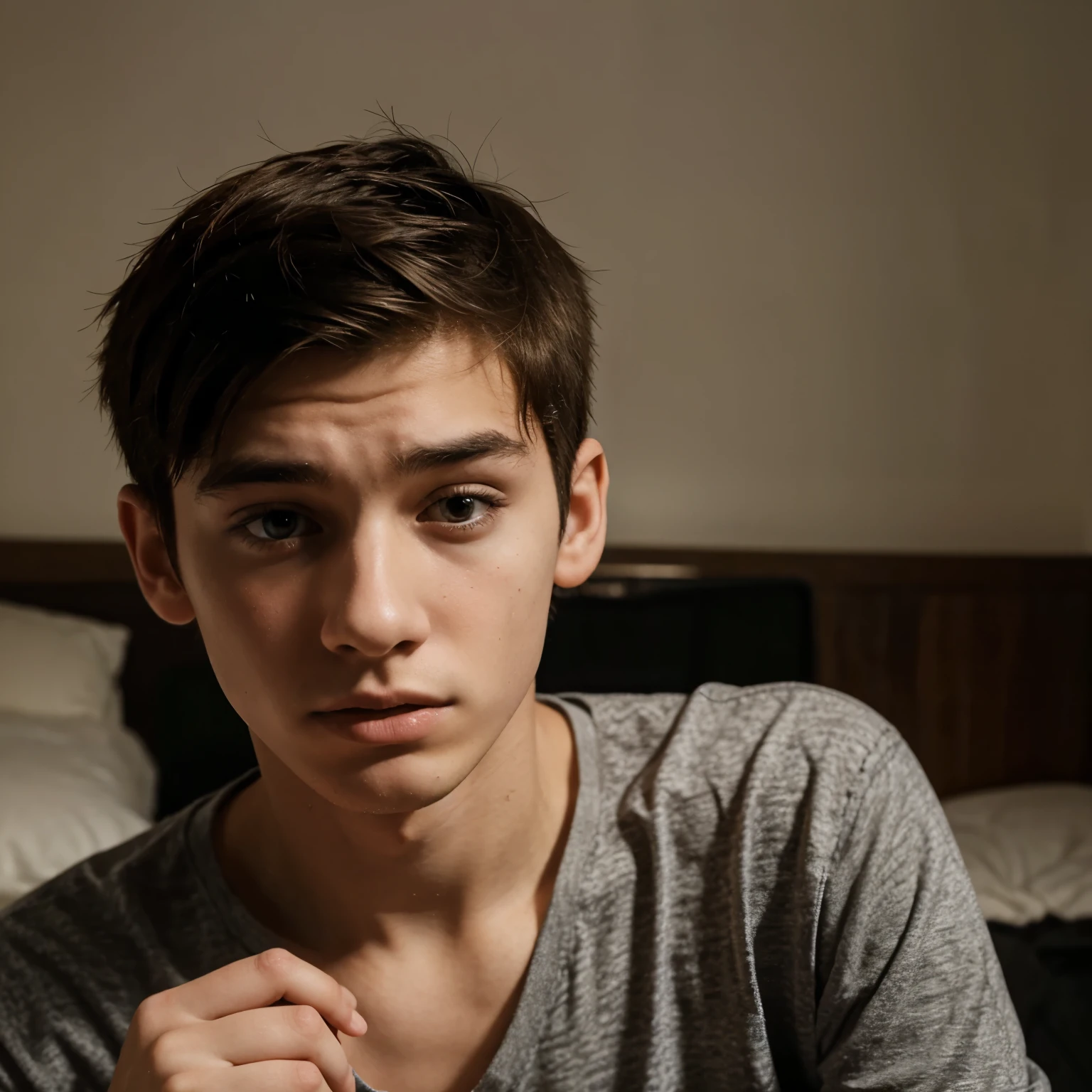 Cute athletic teen boy laying on bed with arms over head wearing long sleave shirt and jeans, short brown hair