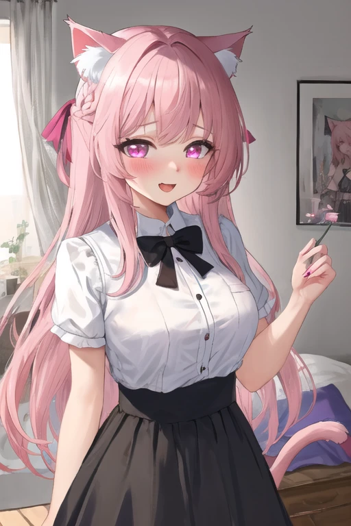 Girl with pink hair, long double-tailed hairstyle, ((small pink bushy eyebrows)), dressed in lolita clothing, marked vagina, lolicon (Zankuro) drawing style by zankuro artist, Zancro style, image uploaded to R34, looking at the camera with a flirtatious smile, modeling in a restaurant, male pov, (panties pulling, self-pulling, pink panties:1.1 panties pulled to knees) , she pulling her dress to cover her crotch