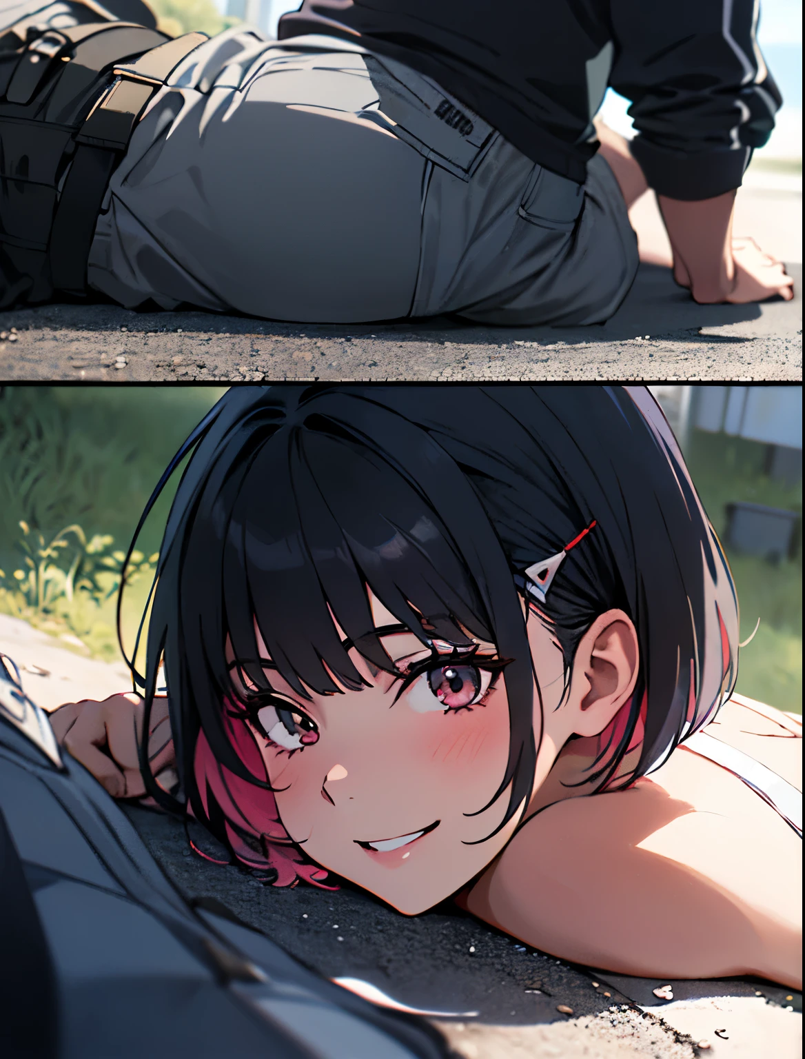 black hair, Sitting with knees hugged, Face sitting, Anime Style, Beautiful woman, boy lying on the ground:1.2, Rear view, Big Ass, boy lying on the ground:1.2, Dominant representation, A proud smile, Recall, Dynamic Angle, Surrealism, 8k, super detail