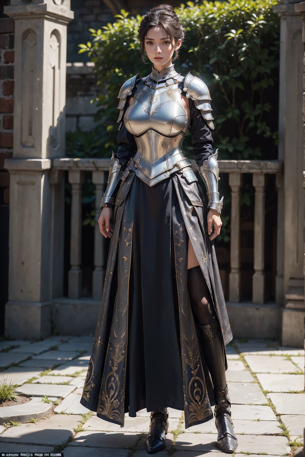 (((full image:1.5, show full body, standing:1.8, facing viewer, the front body facing directly to the front of camera, show body from head to toe))), huge breast:1.7, tall body, slim body, fit body, pale skin, beautiful woman, ((standing perfectly)), a woman wearing armor, wearing pants, show boots. short hair with updo. knight, medieval, warrior. Pattern armor. High quality:1.3, realistic:1.2, 4k resolution, detailed skin, finely detail, detailed everything, masterpiece:1.1, ((best quality)), centered image, outdoor.