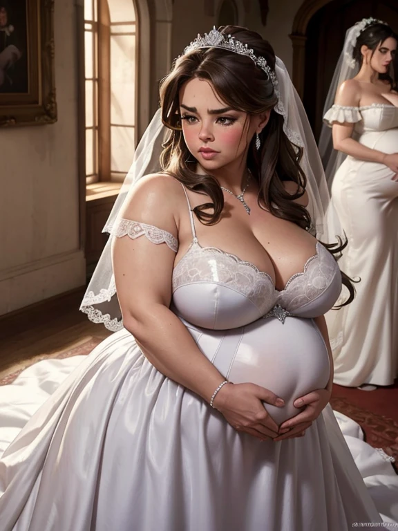 Sofia Vergara, sad, depressed, miserable, pouting, crying, long wedding dress, fat face, chubby body,bbw, morbidly obese, fat, pregnant belly, pregnancy, big womb, updo hate, castle gardens