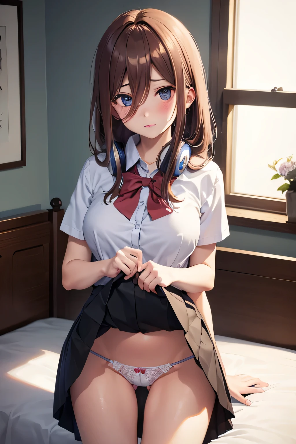 
Mastepiece、masterpiece、highest quality、Super detailed、High resolution、8K Portrait、High definition CG of Unity 8k wallpaper、Cute little:1.5、Loli:1.5、Highly detailed CG Unity 8k wallpaper、Realistic、Real person、 Portrait Photography、Shiny skin、High definition、(:1.2)、(1 girl)、Beautiful clear eyes、extremely detailed description、Delicate face、Nice lips、Slim body、(thin waist)、Thin legs、(bed room:1.6)、1 Girl, Cute, Perfect Face, seriously, (blush:1.5),(Brown hair semi-long hair:1.3),(Headphones on neck),(large breasts:1.5),(School uniform:1.3),((skirt lift:1.5)),(looking at view),(from front:1.2),(disapproval face:1.5),nsfw,(take off panty:1.5)