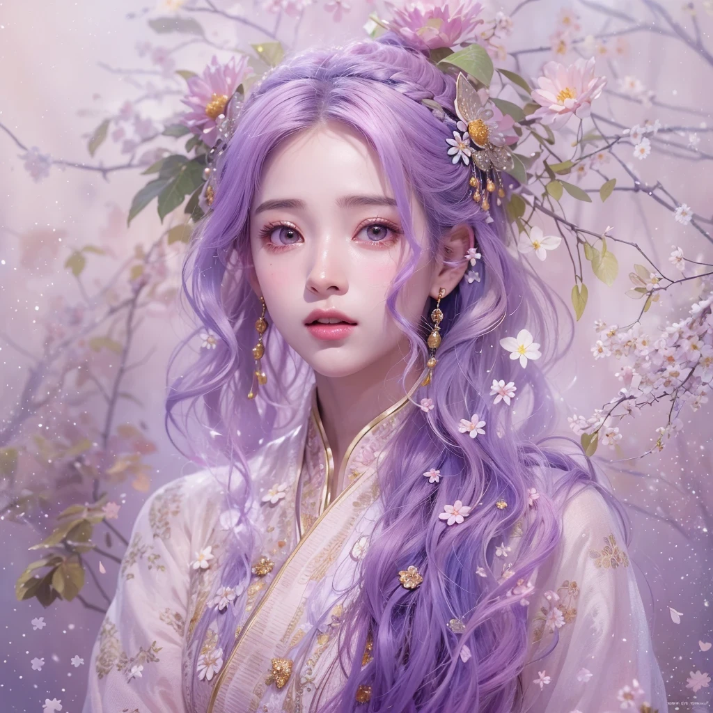 （（（Single eyelid）））Snow hoop exclusion area 32K（tmasterpiece，k hd，hyper HD，32K）Long flowing purple-pink hair，Autumn Pond，zydink， a color， Tongzhou people （Girl with glowing eyes）， （Thin silk scarf）， Side squat position， looking at the ground， long whitr hair， Floating hair， Python headdress， Chinese long-sleeved clothing， （abstract ink splash：1.2）， white backgrounid，Lotus protector（realisticlying：1.4），Purple-pink hair，Snowflakes fluttering，The background is pure， A high resolution， the detail， RAW photogr， Sharp Re， Nikon D850 Film Stock Photo by Jefferies Lee 4 Kodak Portra 400 Camera F1.6 shots, Rich colors, ultra-realistic vivid textures, Dramatic lighting, Unreal Engine Art Station Trend, cinestir 800，Long flowing purple-pink hair，((masterpiece)). This artwork is sweet, dreamy and ethereal, with soft pink watercolor hues and candy accents. Generate a delicate and demure fae exploring a (bubblegum world with a wide variety of pastel shades). Her sweet face is extremely detailed and realistic with elegant features and a fierce expression, and looks like ((((naomi scott)))). Include mature features and stunning, highly realistic eyes. Her eyes are important and should be realistic, highly detailed, and beautiful. In high definition and detail, include lots of details like stars, galaxies, colorful bubbles, colorful petals, and lots of energy and emotion! The stars and colorful bubblegum bubbles are important! Include fantasy details, enhanced details, iridescence, colorful glittering wind, and pollen. Pay special attention to her face and make sure it is beautifully and realistically detailed. The image should be dreamy and ethereal.8k, intricate, elegant, highly detailed, majestic, digital photography