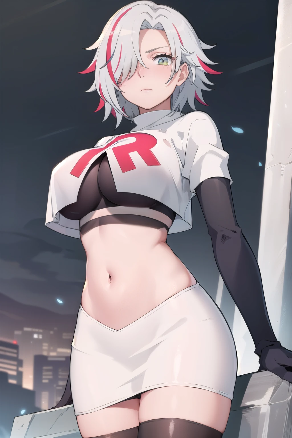 (masterpiece:1.2, best quality), (finely detailed beautiful eyes: 1.2), solo focus, (ultra-detailed, hires), (modern day, beautiful detailed face, beautiful detailed eyes), 1girl, , Sofia Bulga , short hair,streaked hair , hair over one eye , , blush, large breasts , team rocket,team rocket uniform,white skirt,red letter R,crop top,black thigh-highs , High contrast, beautiful elegant woman, adult, (best illumination, an extremely delicate and beautiful),(simple backround, outdoors), looking at viewer,beautiful detailed glow,