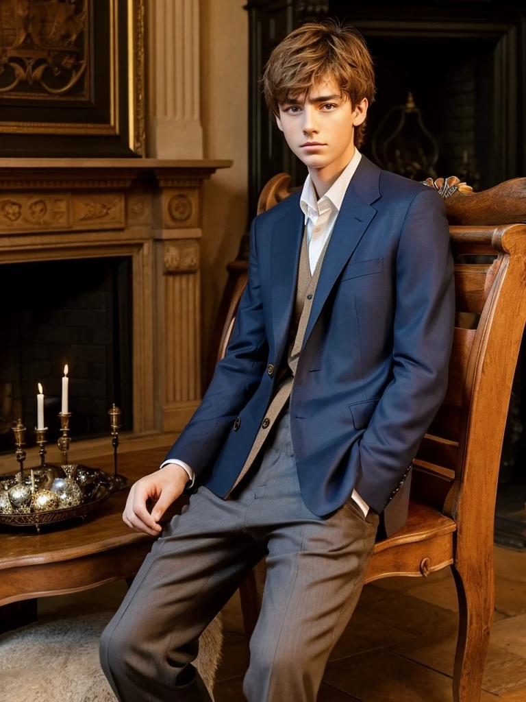 A -yeld boext to a large fireplace, elegant and old, white skin, light brown hair, blue eyes, fine features, handsome boy, shy look, a little sad and serious, fine elegant clothes, London 