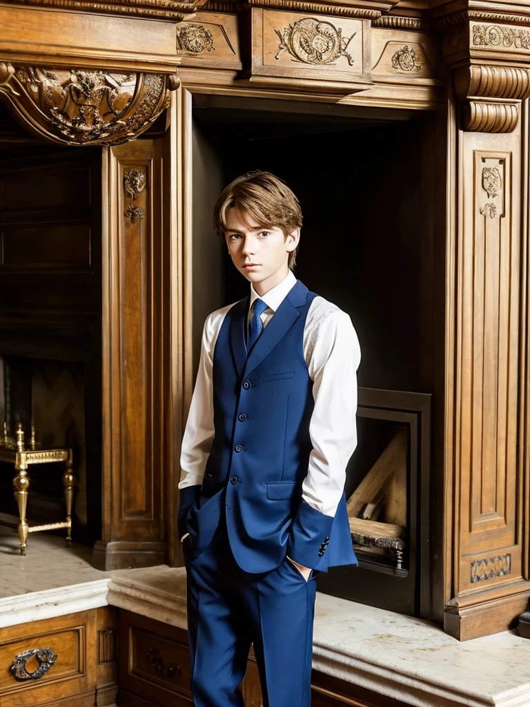A 16-year-old boy next to a large fireplace, elegant and old, white skin, light brown hair, blue eyes, fine features, handsome boy, shy look, a little sad and serious, fine elegant clothes, London 
