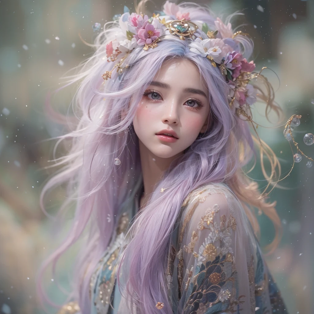 (((Single eyelid)))Snow hoop exclusion area 32K(tmasterpiece,k hd,hyper HD,32K)Long flowing purple-pink hair,Autumn Pond,zydink, a color, Tongzhou people (Girl with glowing eyes), (Thin silk scarf), Side squat position, looking at the ground, long whitr hair, Floating hair, Python headdress, Chinese long-sleeved clothing, (abstract ink splash:1.2), white backgrounid,Lotus protector(realisticlying:1.4),Purple-pink hair,Snowflakes fluttering,The background is pure, A high resolution, the detail, RAW photogr, Sharp Re, Nikon D850 Film Stock Photo by Jefferies Lee 4 Kodak Portra 400 Camera F1.6 shots, Rich colors, ultra-realistic vivid textures, Dramatic lighting, Unreal Engine Art Station Trend, cinestir 800,Long flowing purple-pink hair,((masterpiece)). This artwork is sweet, dreamy and ethereal, with soft pink watercolor hues and candy accents. Generate a delicate and demure fae exploring a (bubblegum world with a wide variety of pastel shades). Her sweet face is extremely detailed and realistic with elegant features and a fierce expression, and looks like ((((naomi scott)))). Include mature features and stunning, highly realistic eyes. Her eyes are important and should be realistic, highly detailed, and beautiful. In high definition and detail, include lots of details like stars, galaxies, colorful bubbles, colorful petals, and lots of energy and emotion! The stars and colorful bubblegum bubbles are important! Include fantasy details, enhanced details, iridescence, colorful glittering wind, and pollen. Pay special attention to her face and make sure it is beautifully and realistically detailed. The image should be dreamy and ethereal.8k, intricate, elegant, highly detailed, majestic, digital photography