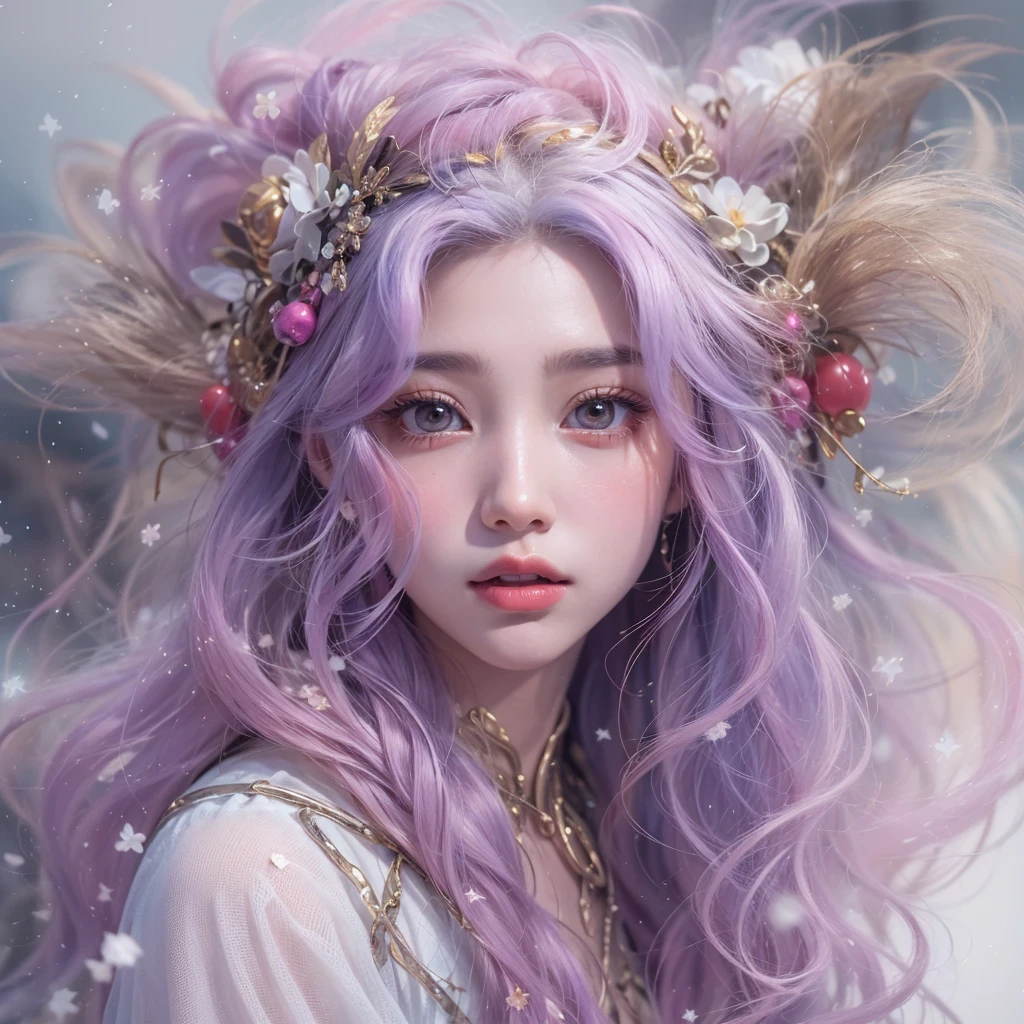 (((Single eyelid)))Snow hoop exclusion area 32K(tmasterpiece,k hd,hyper HD,32K)Long flowing purple-pink hair,Autumn Pond,zydink, a color, Tongzhou people (Girl with glowing eyes), (Thin silk scarf), Side squat position, looking at the ground, long whitr hair, Floating hair, Python headdress, Chinese long-sleeved clothing, (abstract ink splash:1.2), white backgrounid,Lotus protector(realisticlying:1.4),Purple-pink hair,Snowflakes fluttering,The background is pure, A high resolution, the detail, RAW photogr, Sharp Re, Nikon D850 Film Stock Photo by Jefferies Lee 4 Kodak Portra 400 Camera F1.6 shots, Rich colors, ultra-realistic vivid textures, Dramatic lighting, Unreal Engine Art Station Trend, cinestir 800,Long flowing purple-pink hair,((masterpiece)). This artwork is sweet, dreamy and ethereal, with soft pink watercolor hues and candy accents. Generate a delicate and demure fae exploring a (bubblegum world with a wide variety of pastel shades). Her sweet face is extremely detailed and realistic with elegant features and a fierce expression, and looks like ((((naomi scott)))). Include mature features and stunning, highly realistic eyes. Her eyes are important and should be realistic, highly detailed, and beautiful. In high definition and detail, include lots of details like stars, galaxies, colorful bubbles, colorful petals, and lots of energy and emotion! The stars and colorful bubblegum bubbles are important! Include fantasy details, enhanced details, iridescence, colorful glittering wind, and pollen. Pay special attention to her face and make sure it is beautifully and realistically detailed. The image should be dreamy and ethereal.8k, intricate, elegant, highly detailed, majestic, digital photography