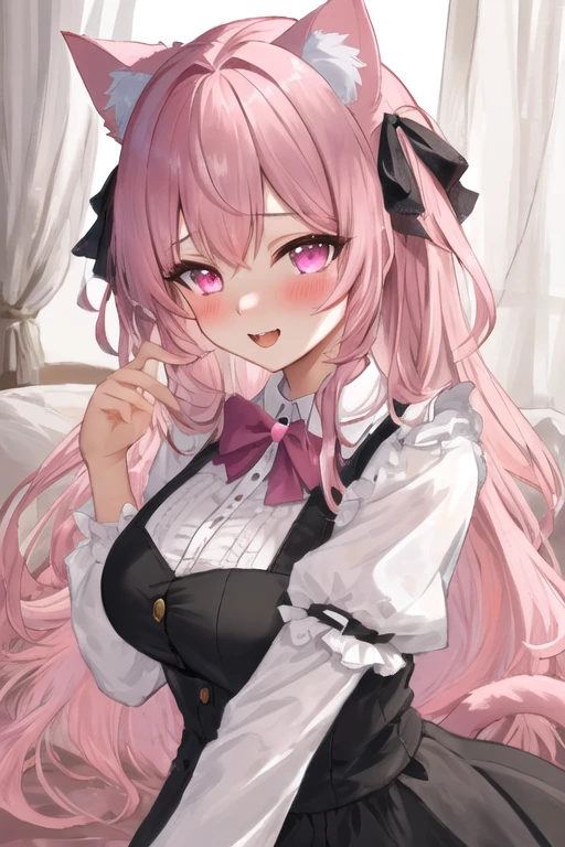 masterpiece, best quality, 1girl, (pink hair, long hair, detailed hair, cat ears, pink eyes, black hair ribbons:1.2), cute, (horny, horny eyes, extremely horny face, excited, heavily blushing:1.1), bedroom, (topheavy:1.1)