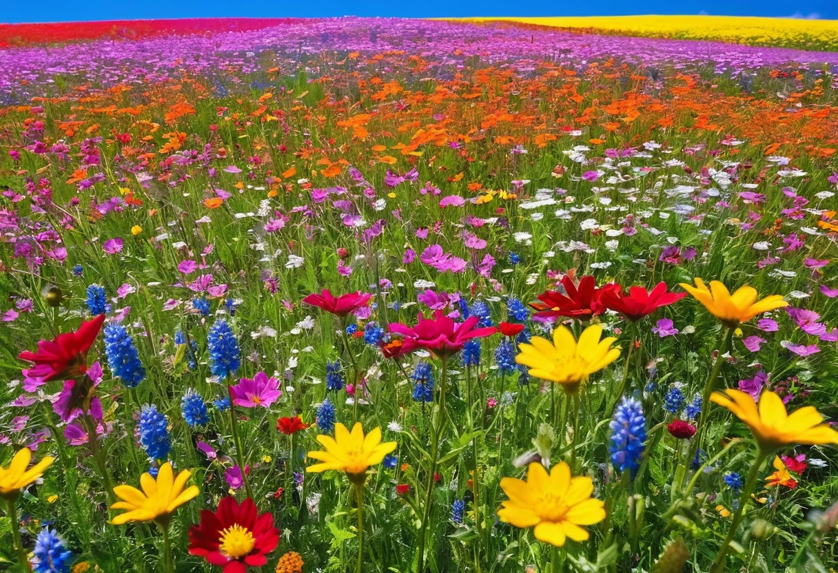 There are many different colored flowers blooming in the fields., Blue sky in the background、A big flower in front、Wildflowers, Meadow flowers, Wildflowers, Flower meadow,