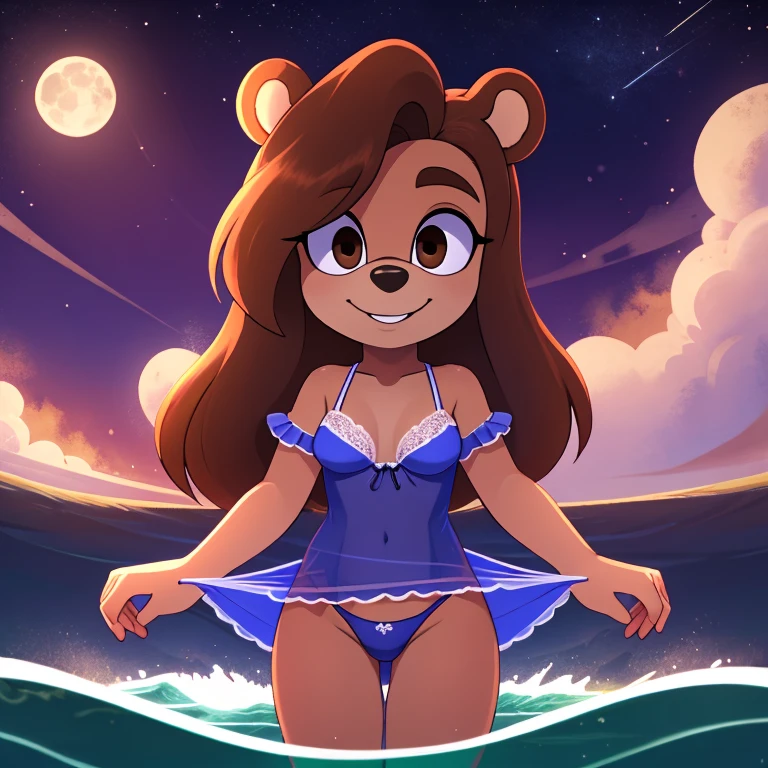 mobian bear, brown hair, brown eyes, black hair, black fur, straight hair, long hair, female, small breasts, ocean, female, 1girl, portrait, standing, nightgown, white clothes, dominant female, smile, shore, frilled underwear, night, moon, stars, ghost, transparent body, psychedelic background, Masterpiece, high quality, studio quality, intricate details, 4k, solo