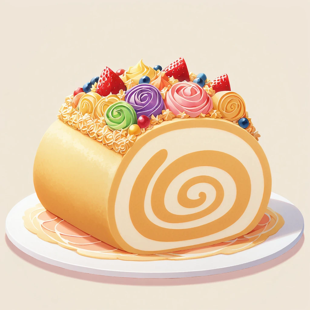 A vector illustration of a beautifully colorful slice of Swiss roll cake, depicted in a delicious and delicate style, viewed from the front. The cake slice is designed to highlight its vibrant colors and appealing texture, emphasizing its mouth-watering appearance. This clean and simple representation focuses on the intricate layers and creamy filling of the Swiss roll, showcasing its aesthetic appeal and taste.