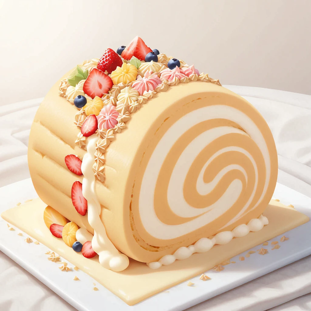 A vector illustration of a beautifully colorful slice of Swiss roll cake, depicted in a delicious and delicate style, viewed from the front. The cake slice is designed to highlight its vibrant colors and appealing texture, emphasizing its mouth-watering appearance. This clean and simple representation focuses on the intricate layers and creamy filling of the Swiss roll, showcasing its aesthetic appeal and taste.