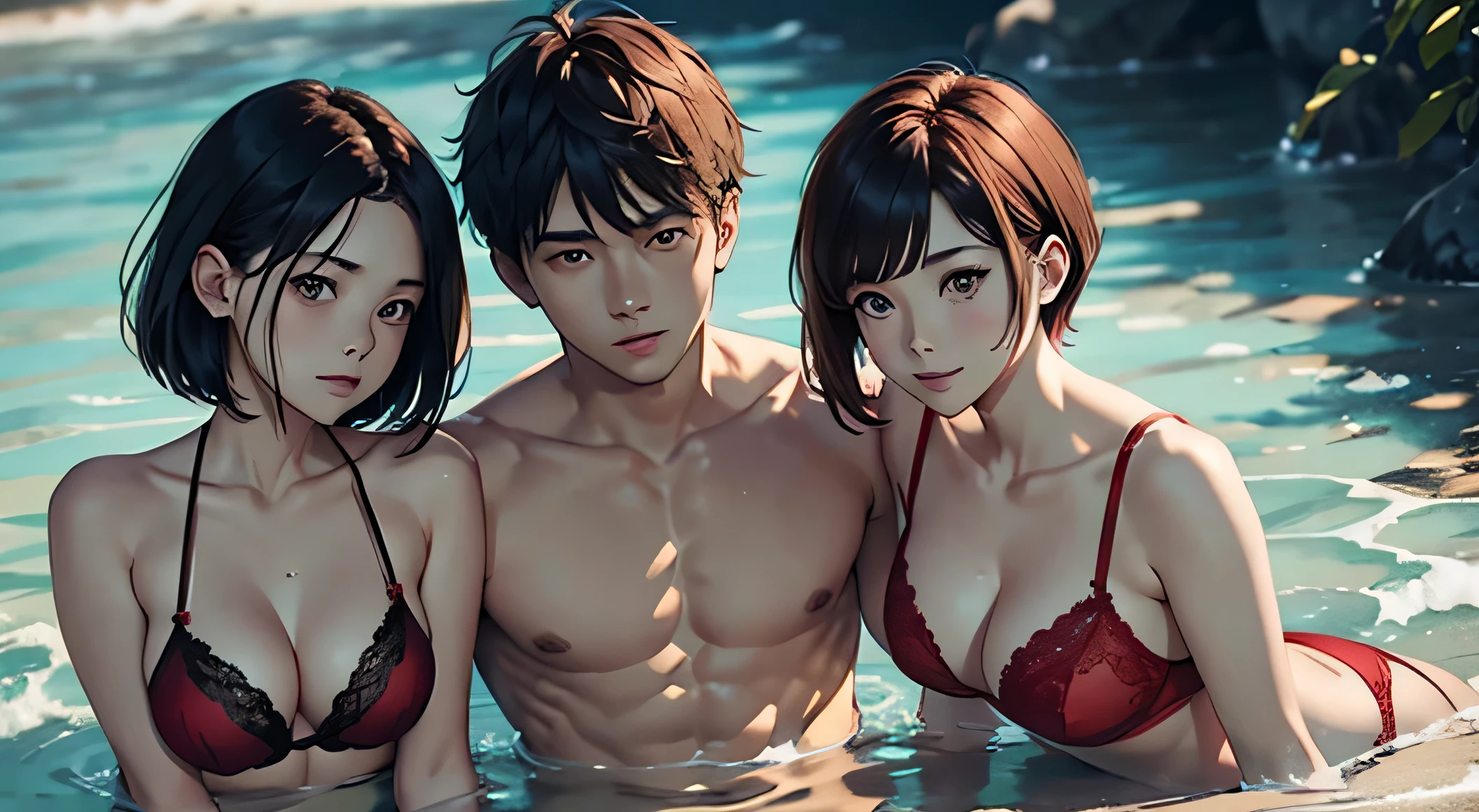 single man and two women. muscular short-haired man、Woman wearing red lingerie、Hold me close、whole body 、center、Center、water