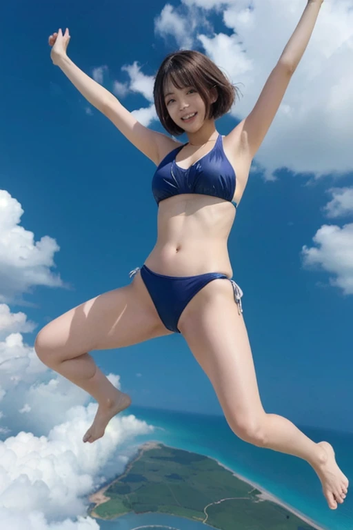 A beautiful woman in her late twenties with a bob cut is skydiving４０００Meters、She is sensual、Micro Bikini、very sexy swimsuit、They spread their arms and legs、Looks like you&#39;re having a lot of fun.！